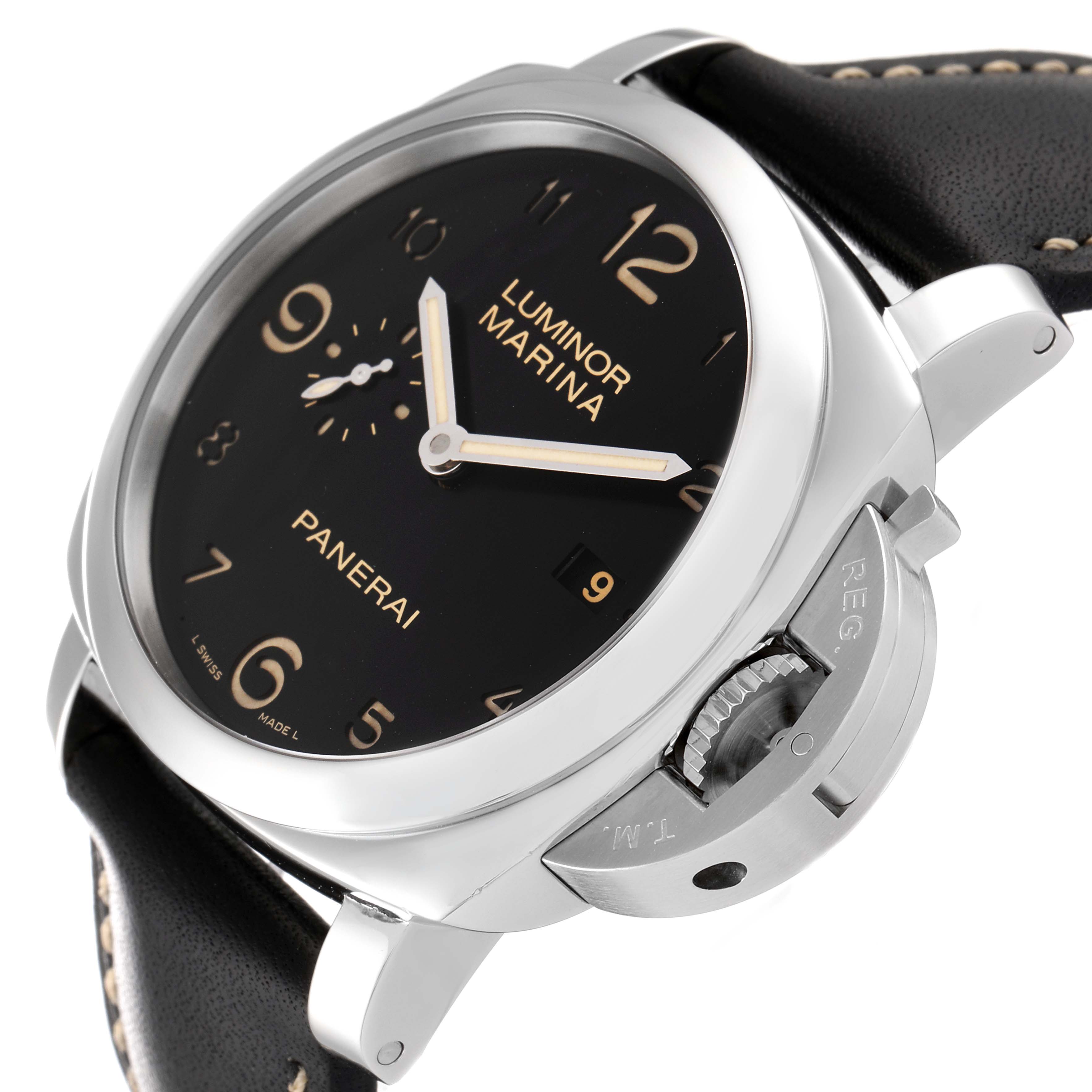 The image shows a close-up angled view of a Panerai Luminor PAM00359 Men's Stainless Steel Black Dial PAM00359 Men's Stainless Steel Black Dial watch, highlighting its dial, bezel, and crown guard.