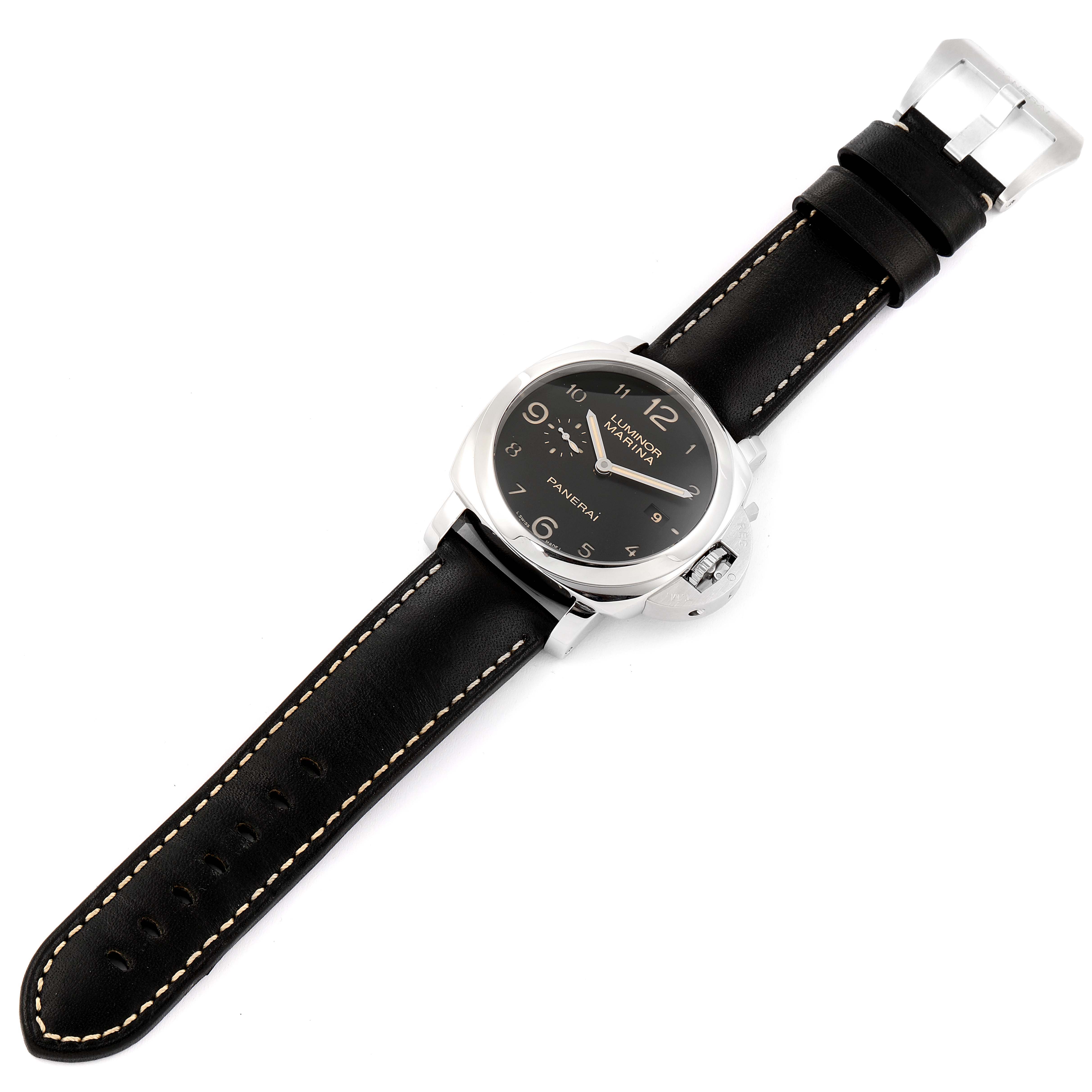 The Panerai Luminor PAM00359 Men's Stainless Steel Black Dial PAM00359 Men's Stainless Steel Black Dial watch is shown from a top-down angle, displaying the dial, case, and entire leather strap with stitching details.