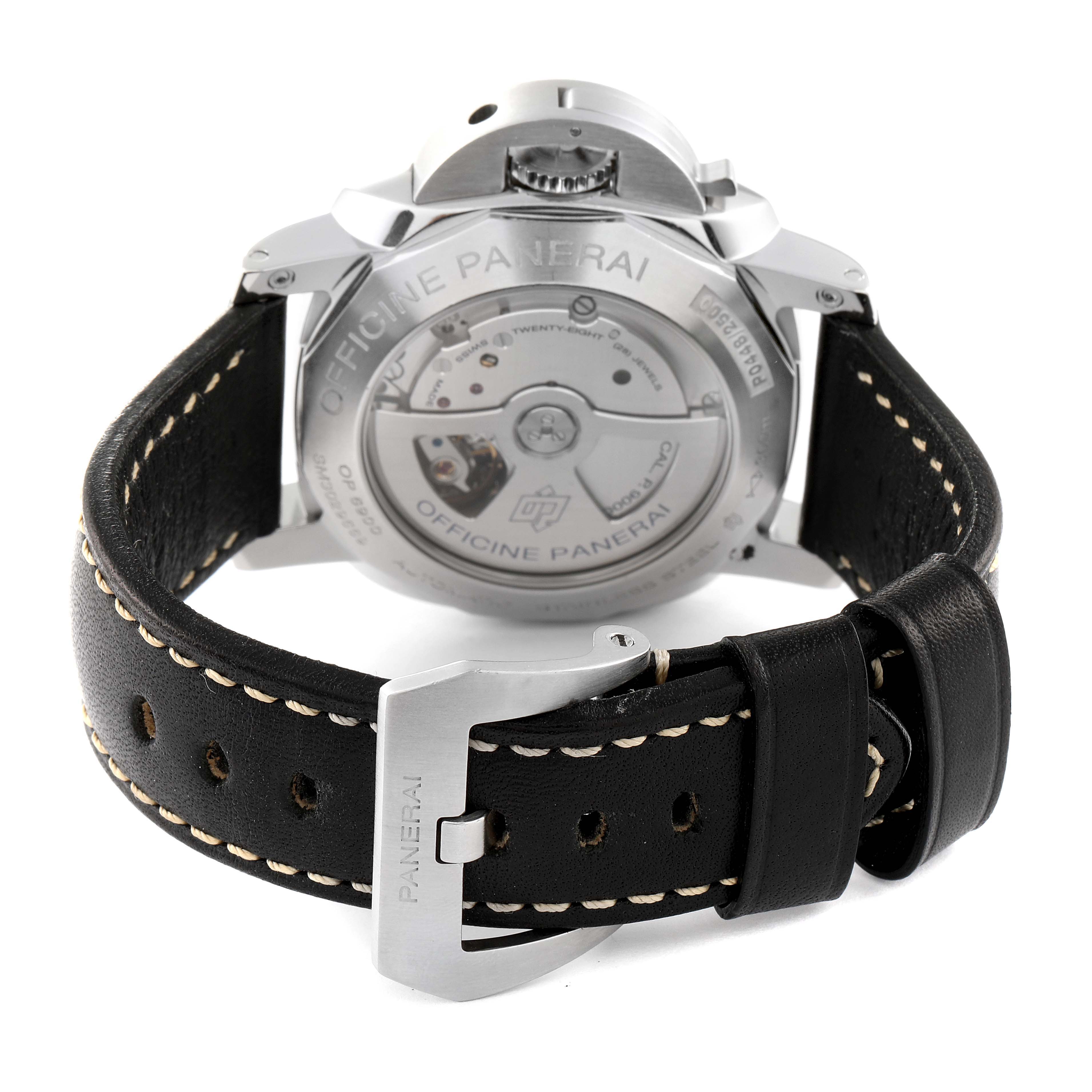 The image shows the back view of the Panerai Luminor PAM00359 Men's Stainless Steel Black Dial PAM00359 Men's Stainless Steel Black Dial watch, highlighting its movement and leather strap with a buckle.