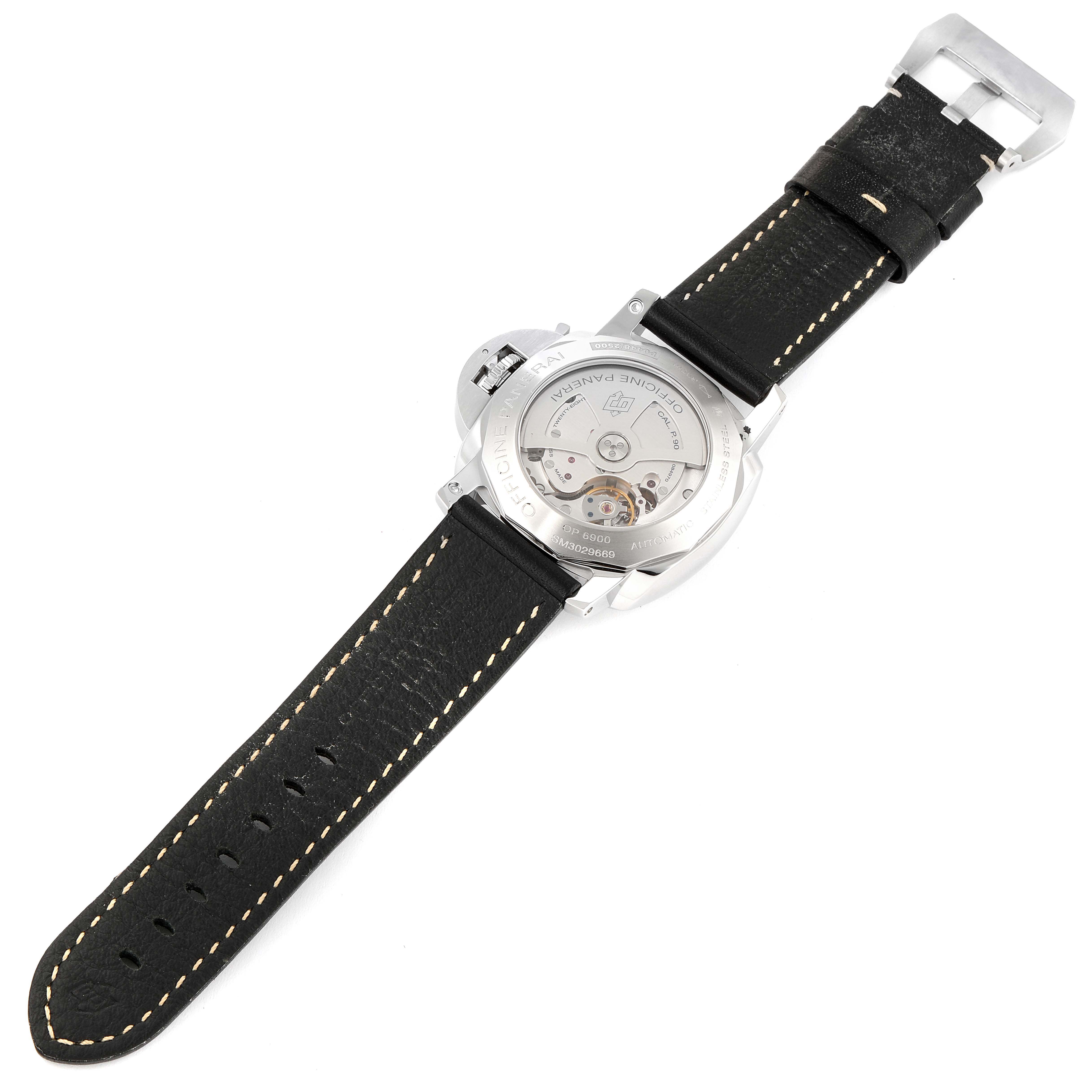 The image shows the back view of a Panerai Luminor PAM00359 Men's Stainless Steel Black Dial PAM00359 Men's Stainless Steel Black Dial watch, displaying its movement and leather strap.