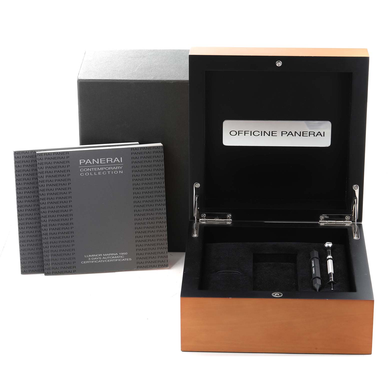 The image shows the original box, instruction manual, and tools for the Panerai Luminor PAM00359 Men's Stainless Steel Black Dial PAM00359 Men's Stainless Steel Black Dial watch model.