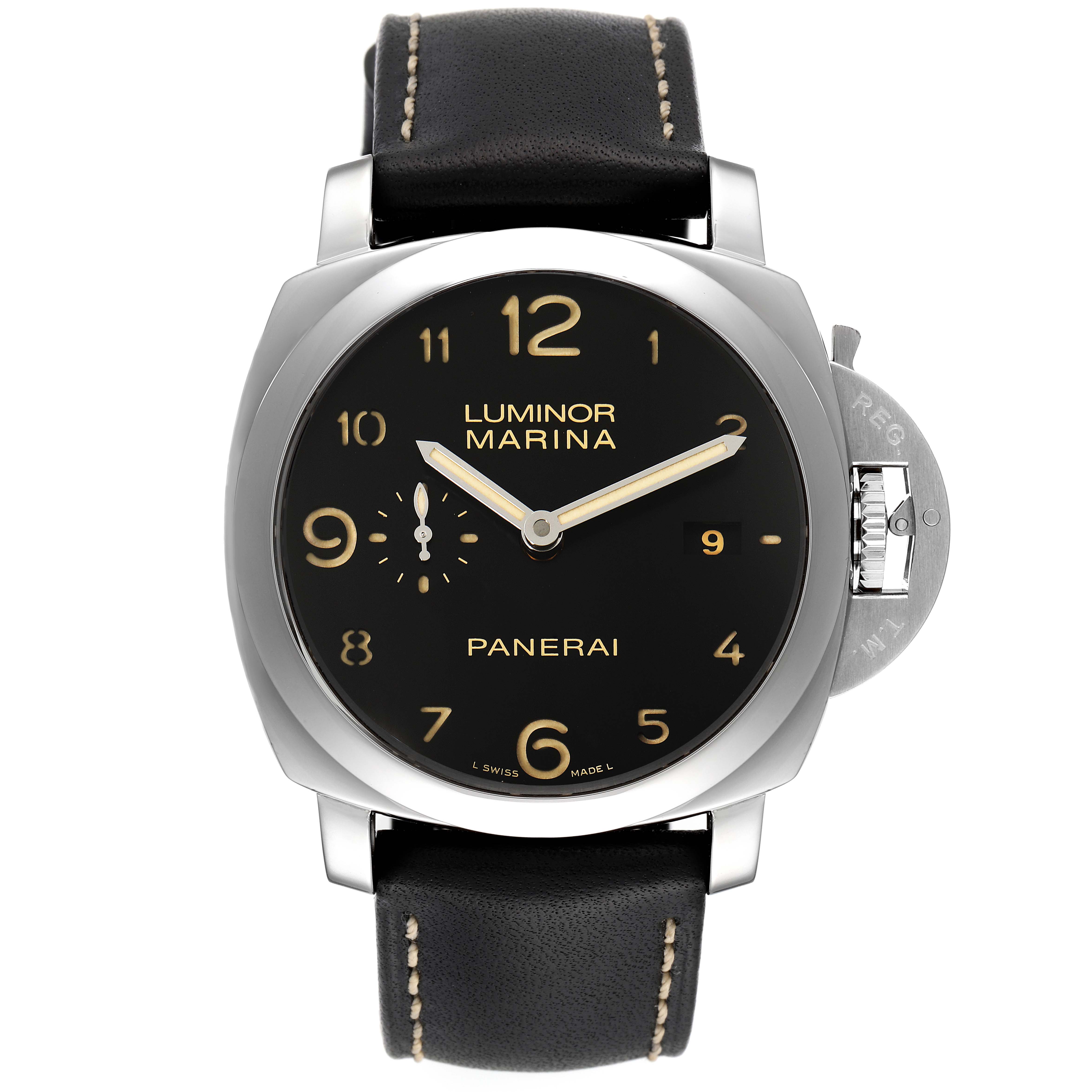 This Panerai Luminor PAM00359 Men's Stainless Steel Black Dial PAM00359 Men's Stainless Steel Black Dial watch is shown from the front, displaying the dial, case, and strap.