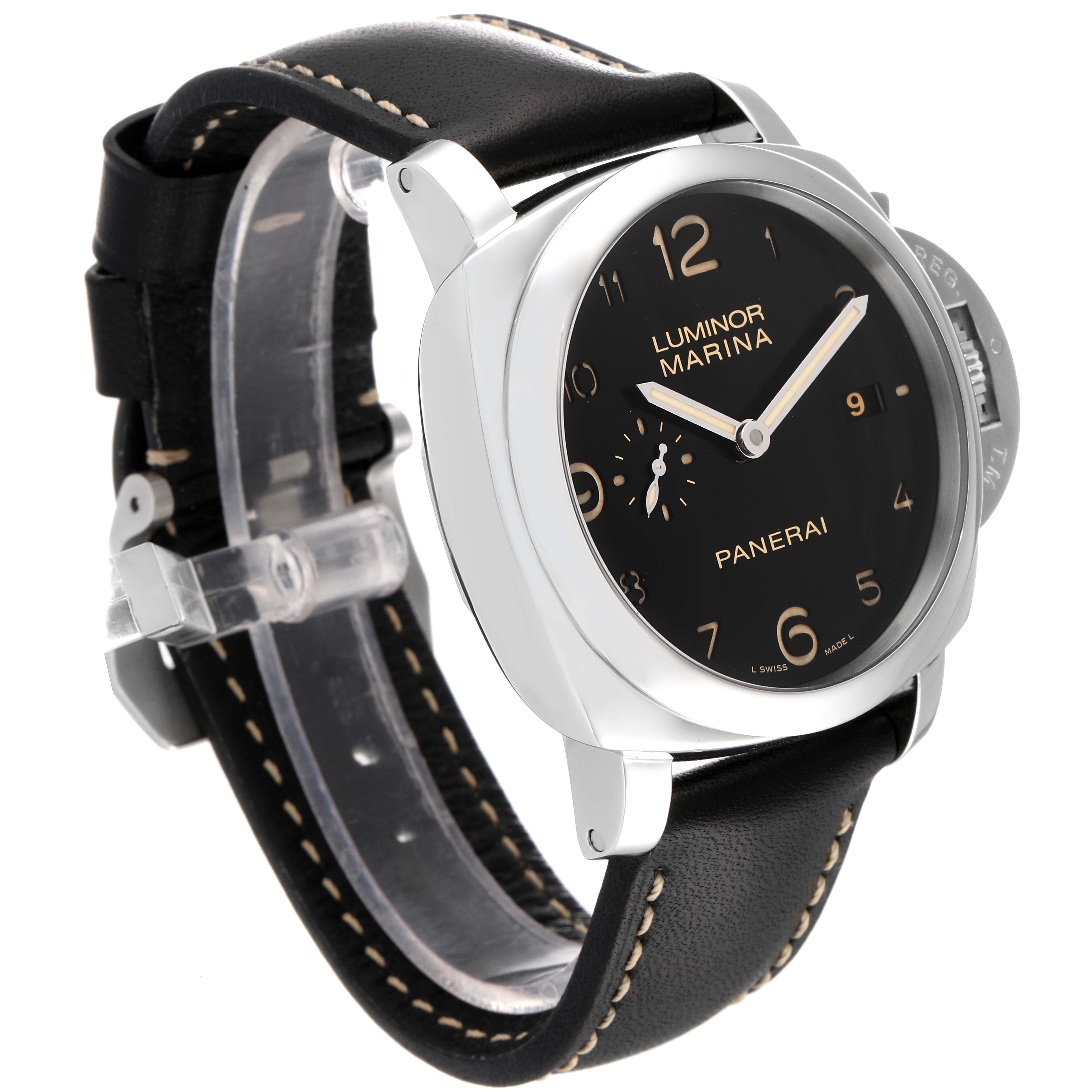 The image shows a Panerai Luminor PAM00359 Men's Stainless Steel Black Dial PAM00359 Men's Stainless Steel Black Dial Marina watch at a slightly angled view, highlighting its dial, case, and part of the strap.