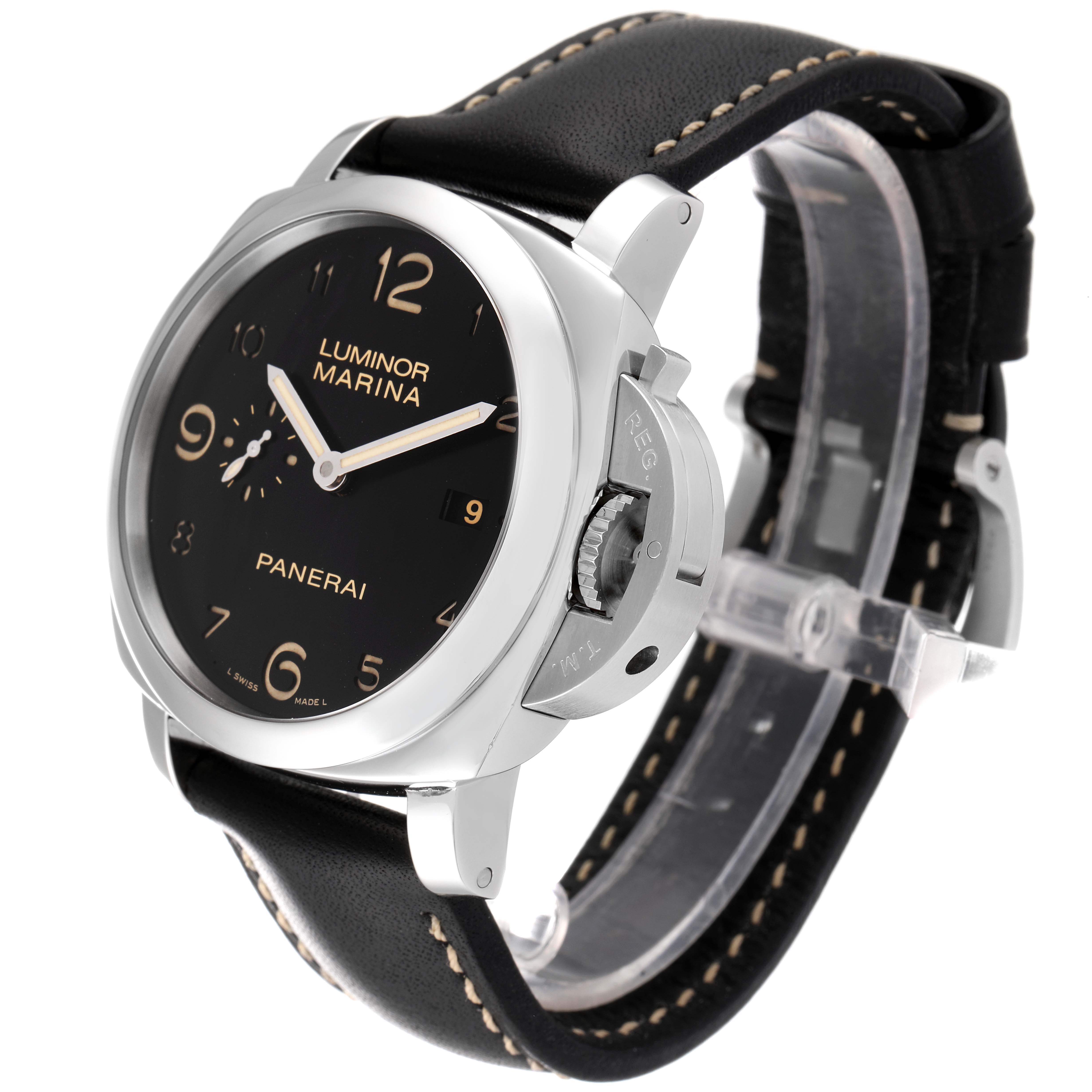 This image shows a Panerai Luminor PAM00359 Men's Stainless Steel Black Dial PAM00359 Men's Stainless Steel Black Dial Marina watch at an oblique angle highlighting its black dial, crown guard, and leather strap.
