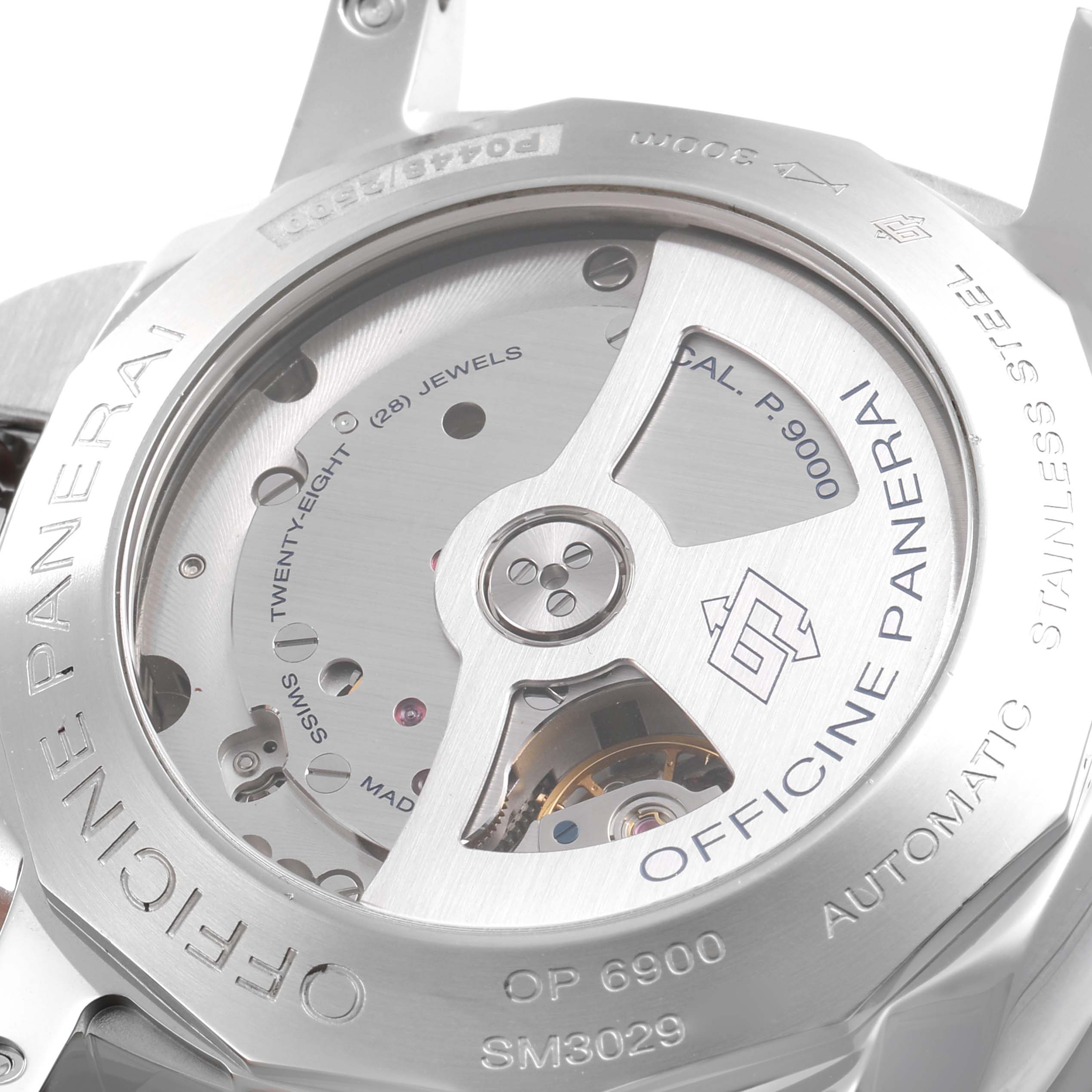 This image shows the back view of the Panerai Luminor PAM00359 Men's Stainless Steel Black Dial PAM00359 Men's Stainless Steel Black Dial watch, highlighting its automatic movement and intricate inner mechanism.