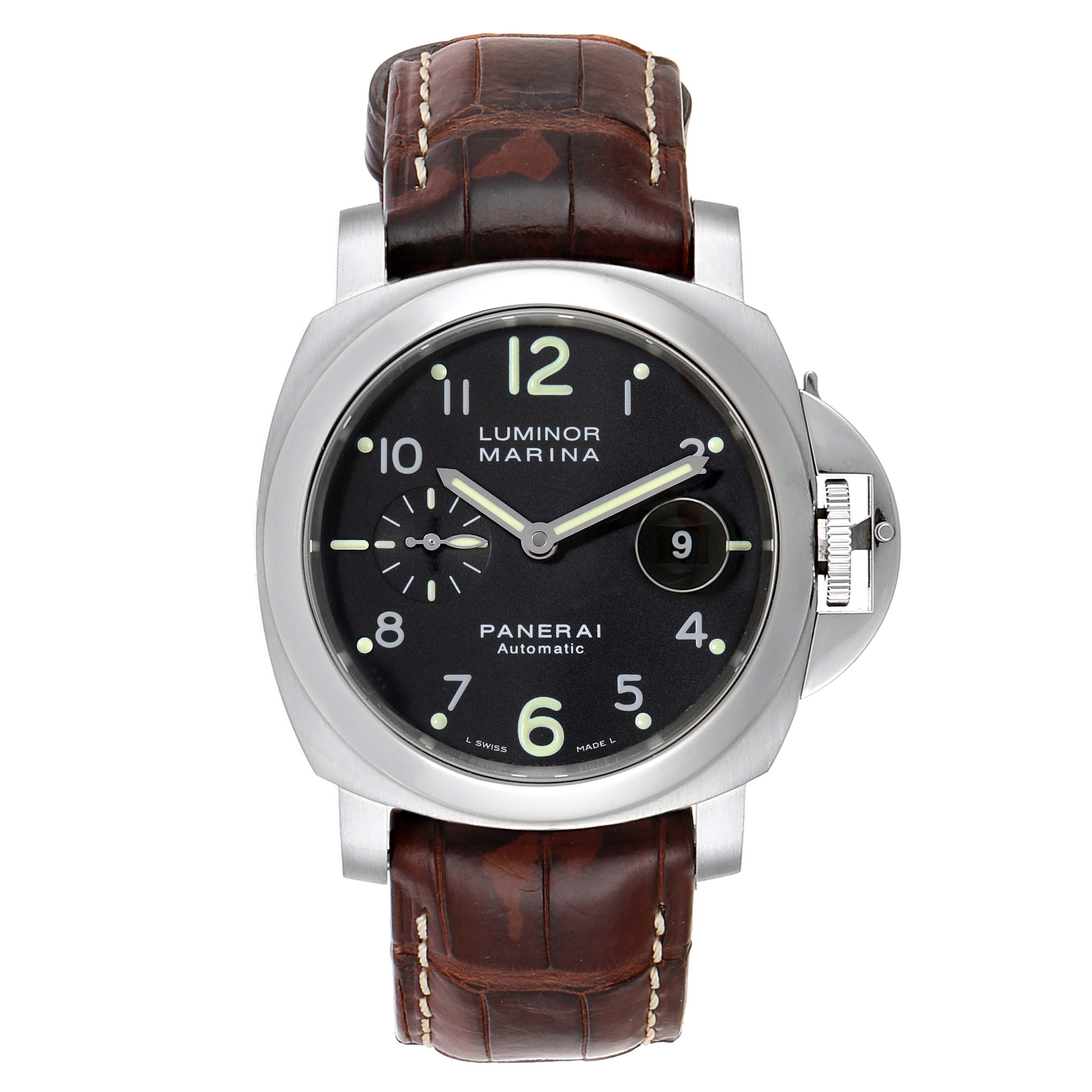 The image shows a front view of the Panerai Luminor PAM00164 Men's Stainless Steel Black Dial PAM00164 Men's Stainless Steel Black Dial watch, highlighting its dial, bezel, and leather strap.
