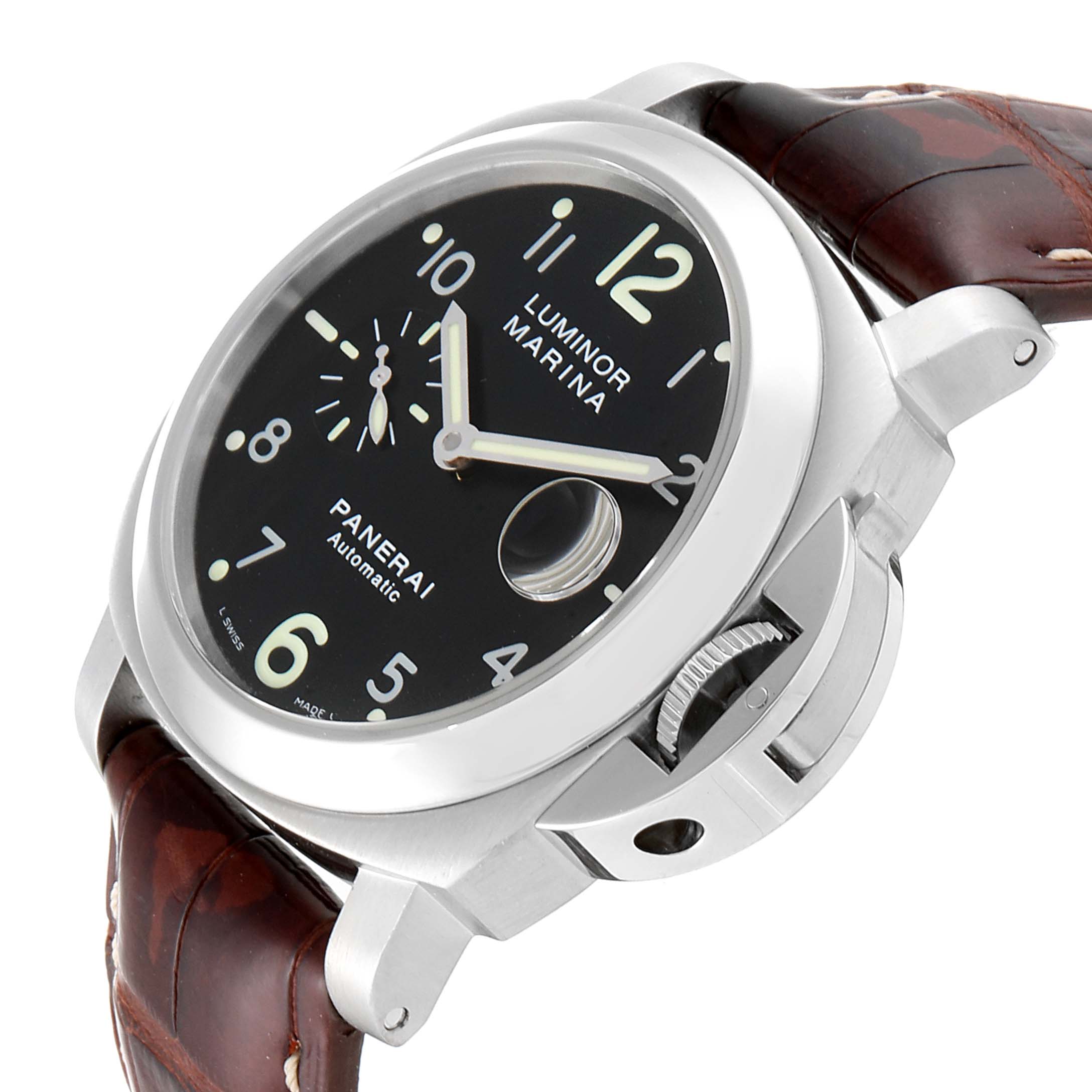 The image shows a close-up angled view of a Panerai Luminor PAM00164 Men's Stainless Steel Black Dial PAM00164 Men's Stainless Steel Black Dial watch displaying the face, crown, and part of the leather strap.