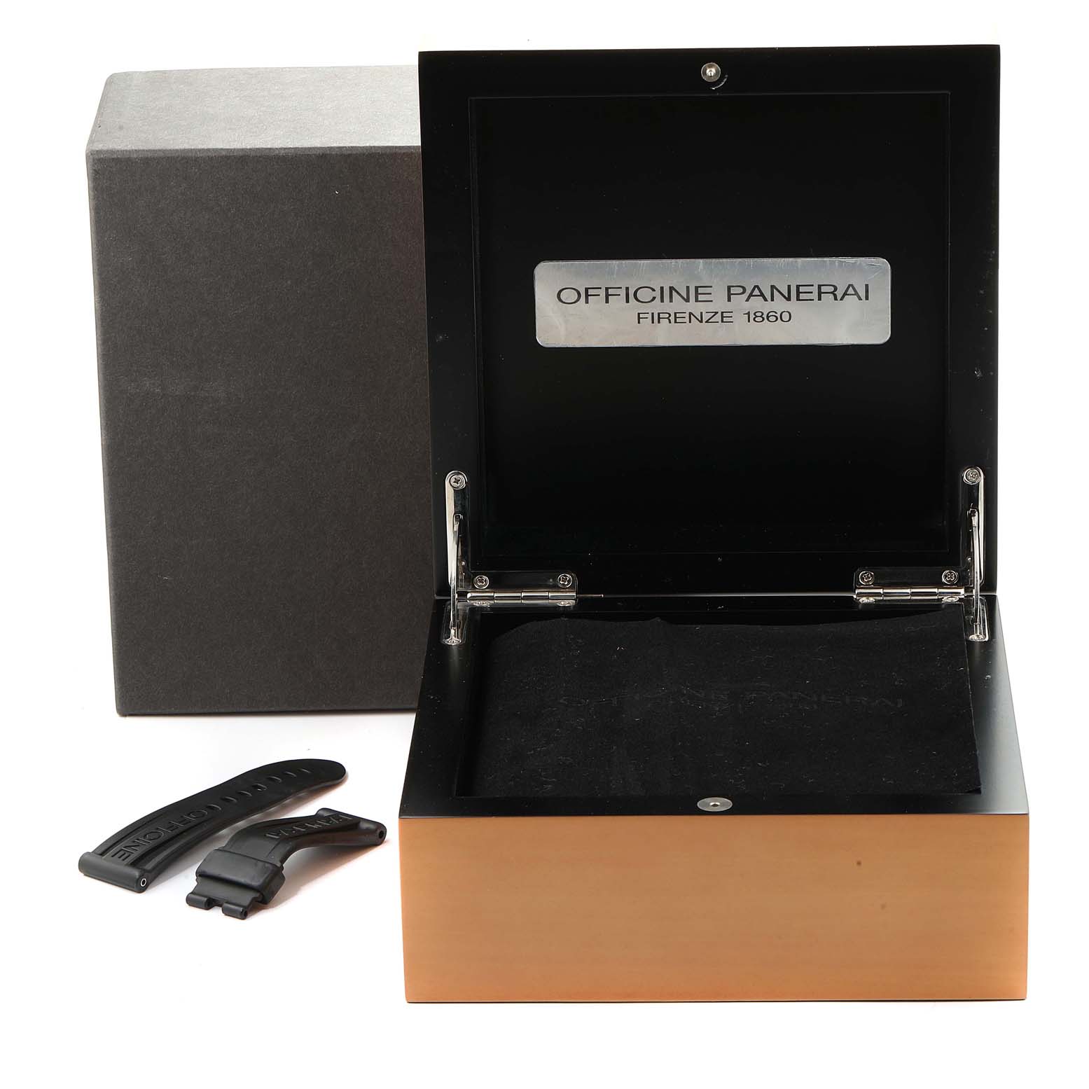 This image depicts the box and watch strap accessories for a Luminor model by Panerai.