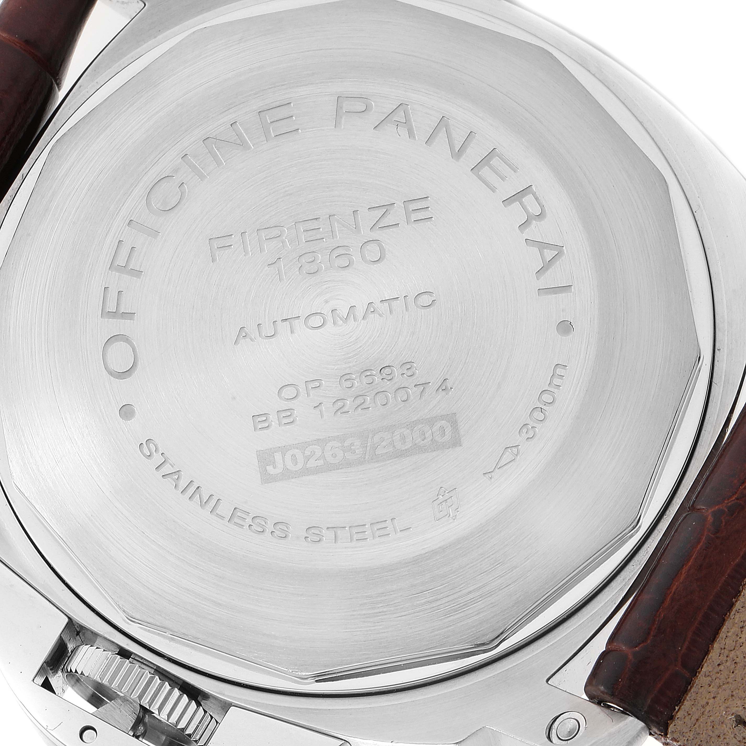 This image shows the case back of a Panerai Luminor PAM00164 Men's Stainless Steel Black Dial PAM00164 Men's Stainless Steel Black Dial watch, displaying brand engravings and specifications.
