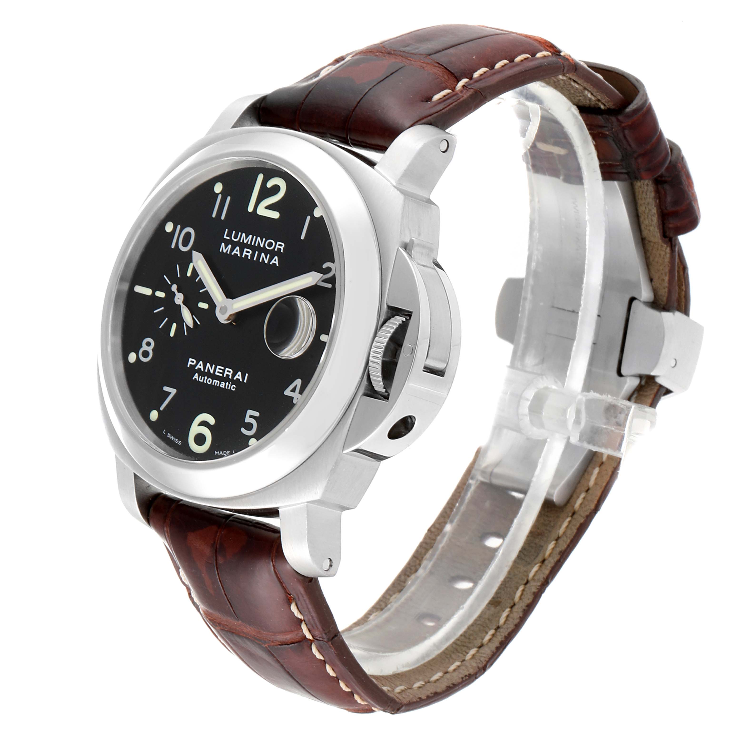 This image shows a Panerai Luminor PAM00164 Men's Stainless Steel Black Dial PAM00164 Men's Stainless Steel Black Dial model watch from an angled side view, featuring the dial, bezel, and leather strap.