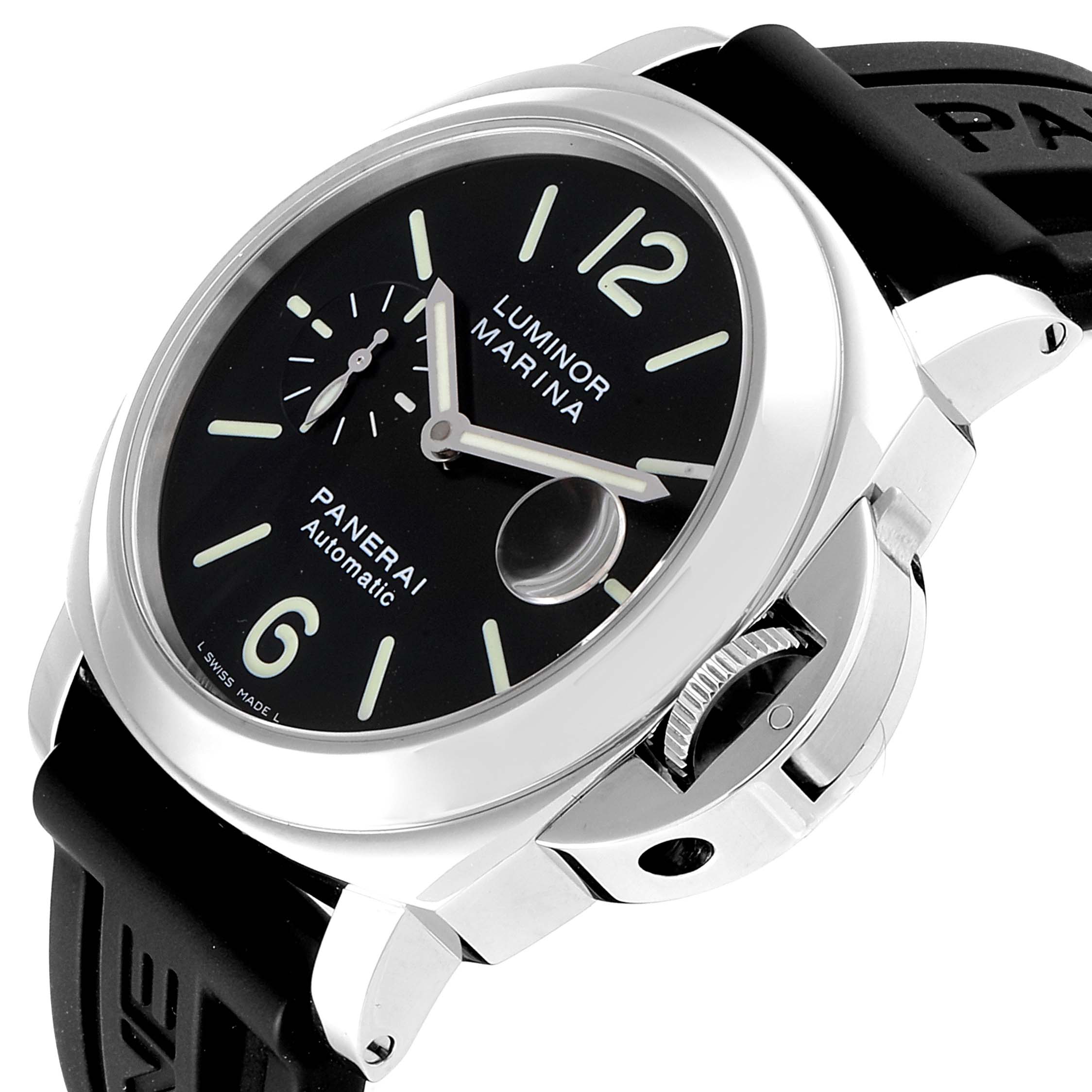 The image shows a side-angle view of the Panerai Luminor PAM00104  Men
s Stainless Steel Black Dial PAM00104  Men
s Stainless Steel Black Dial Marina, highlighting its face, crown, and part of the strap.