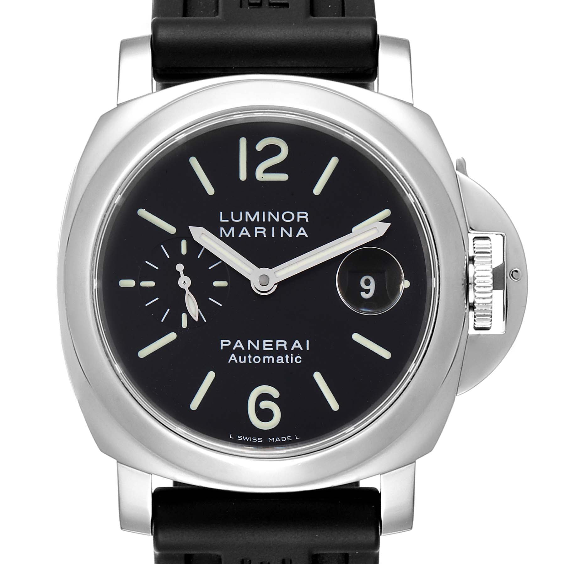 The image shows a front view of the Panerai Luminor PAM00104  Men
s Stainless Steel Black Dial PAM00104  Men
s Stainless Steel Black Dial Marina watch with a black dial and rubber strap.