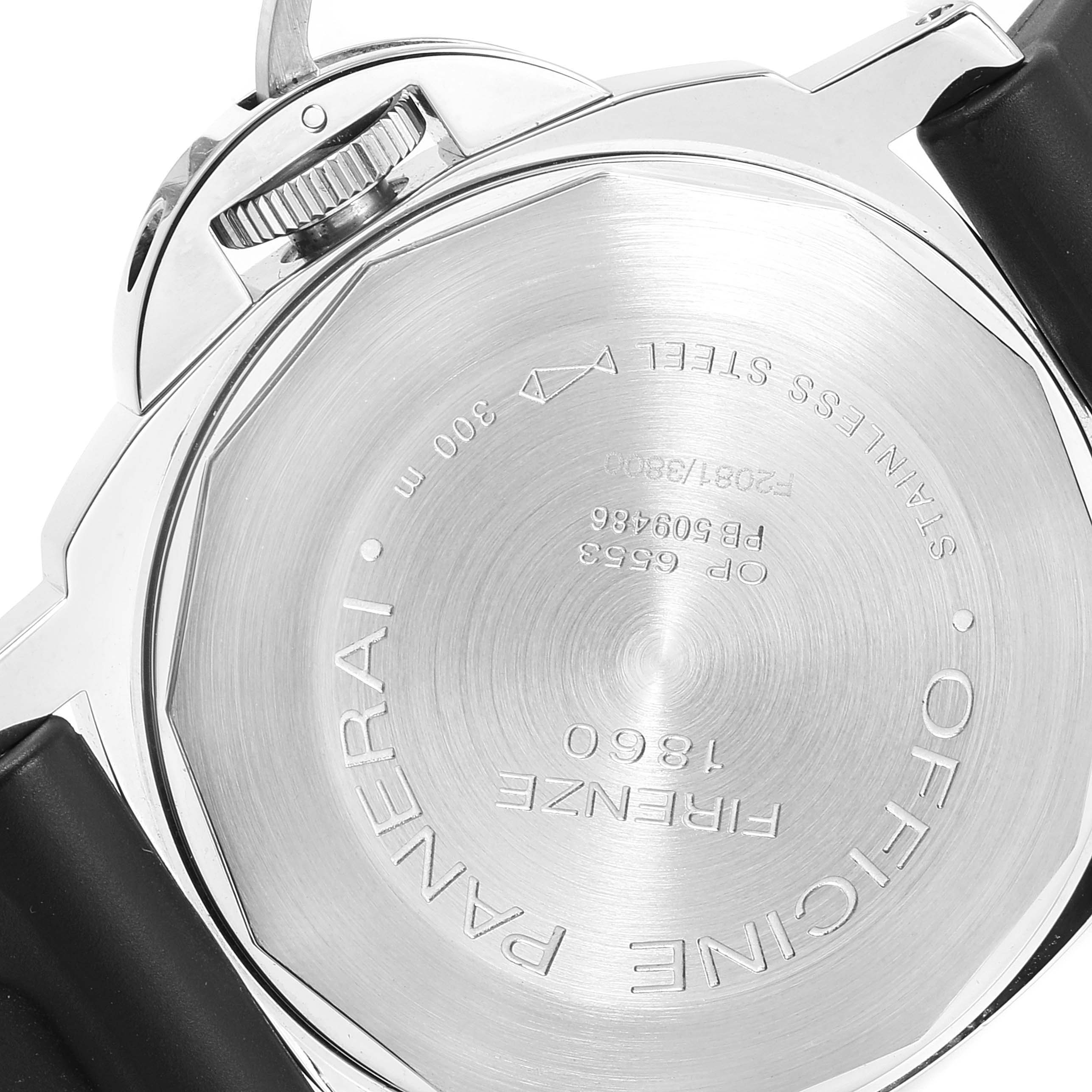 The image shows the back case and crown guard of a Luminor model by Panerai.