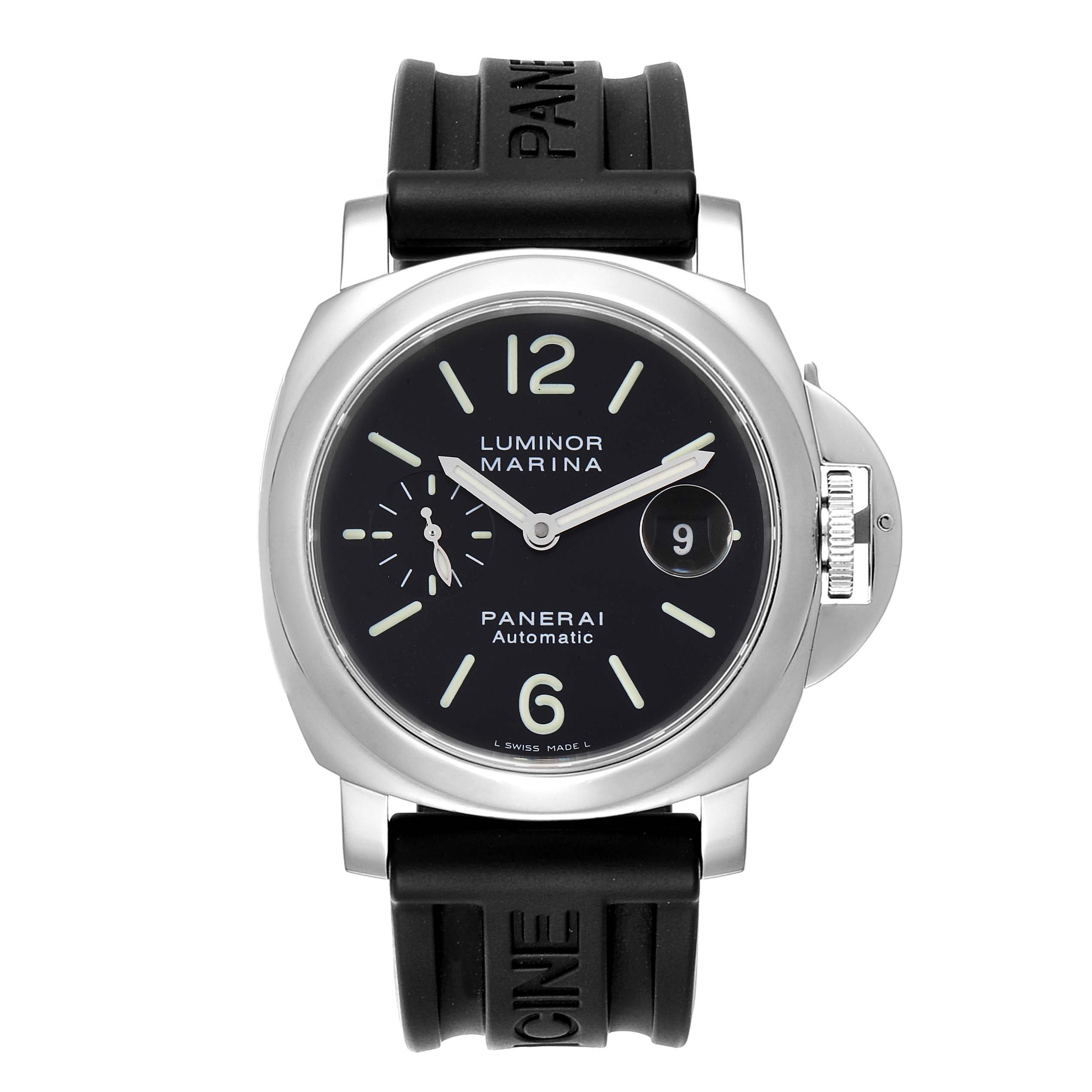 The image shows a Panerai Luminor PAM00104  Men
s Stainless Steel Black Dial PAM00104  Men
s Stainless Steel Black Dial Marina watch facing forward, displaying its dial, crown guard, and rubber strap.