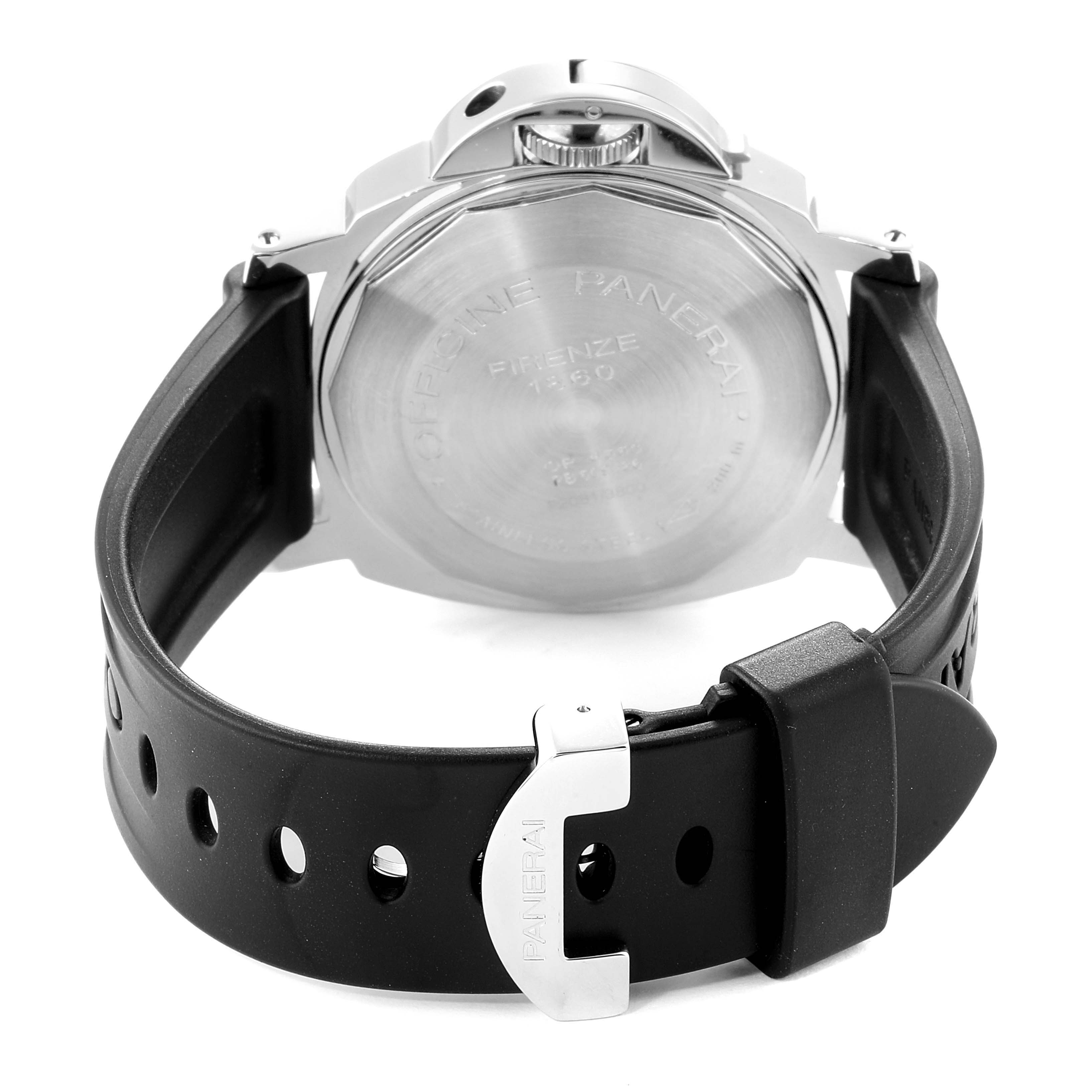 This image shows the back case and a portion of the strap and buckle of a Panerai Luminor PAM00104  Men
s Stainless Steel Black Dial PAM00104  Men
s Stainless Steel Black Dial watch.