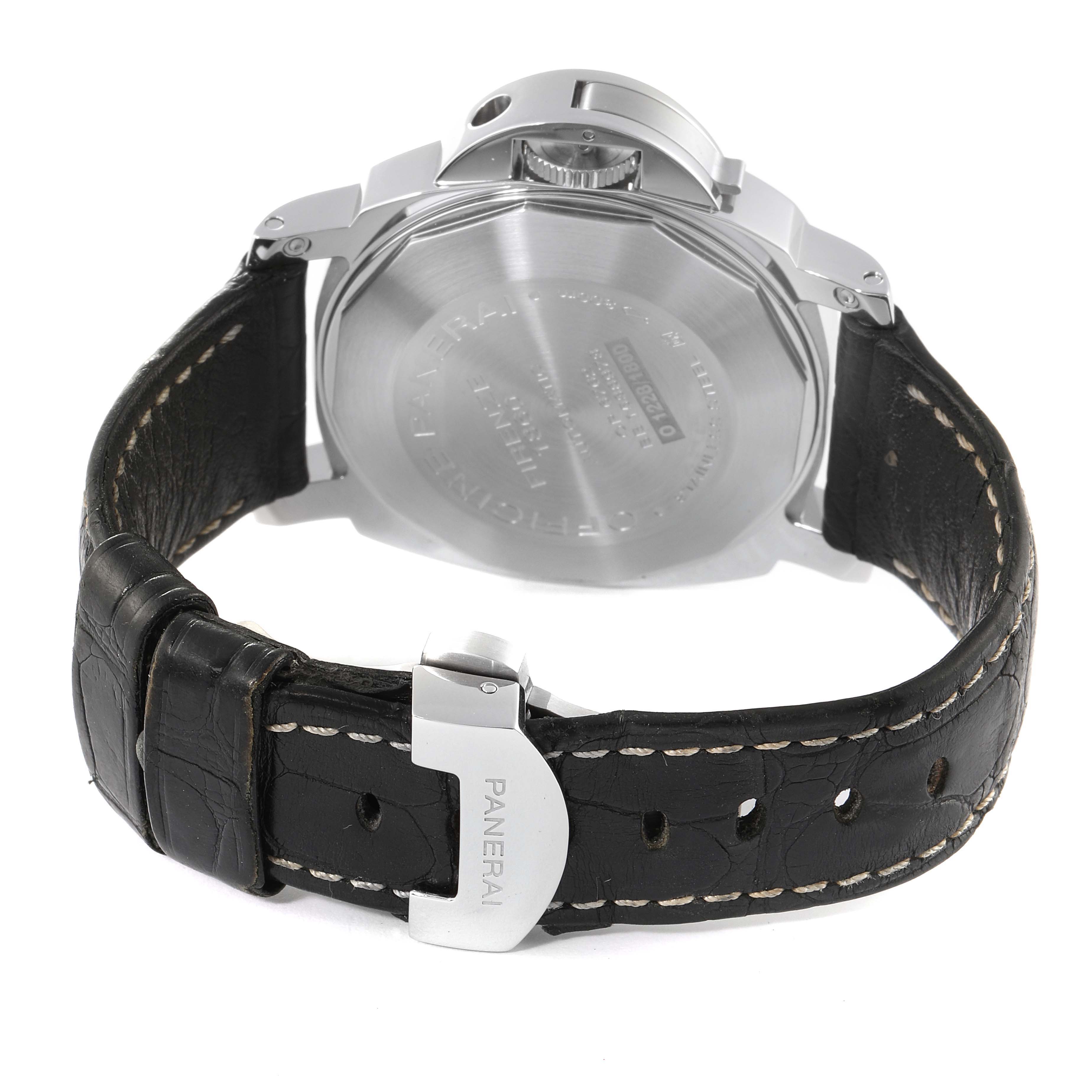 The image shows the back view of a Panerai Luminor PAM00090 Men's Stainless Steel Black Dial PAM00090 Men's Stainless Steel Black Dial watch, highlighting its case back, leather strap, and buckle engraved with "PANERAI."