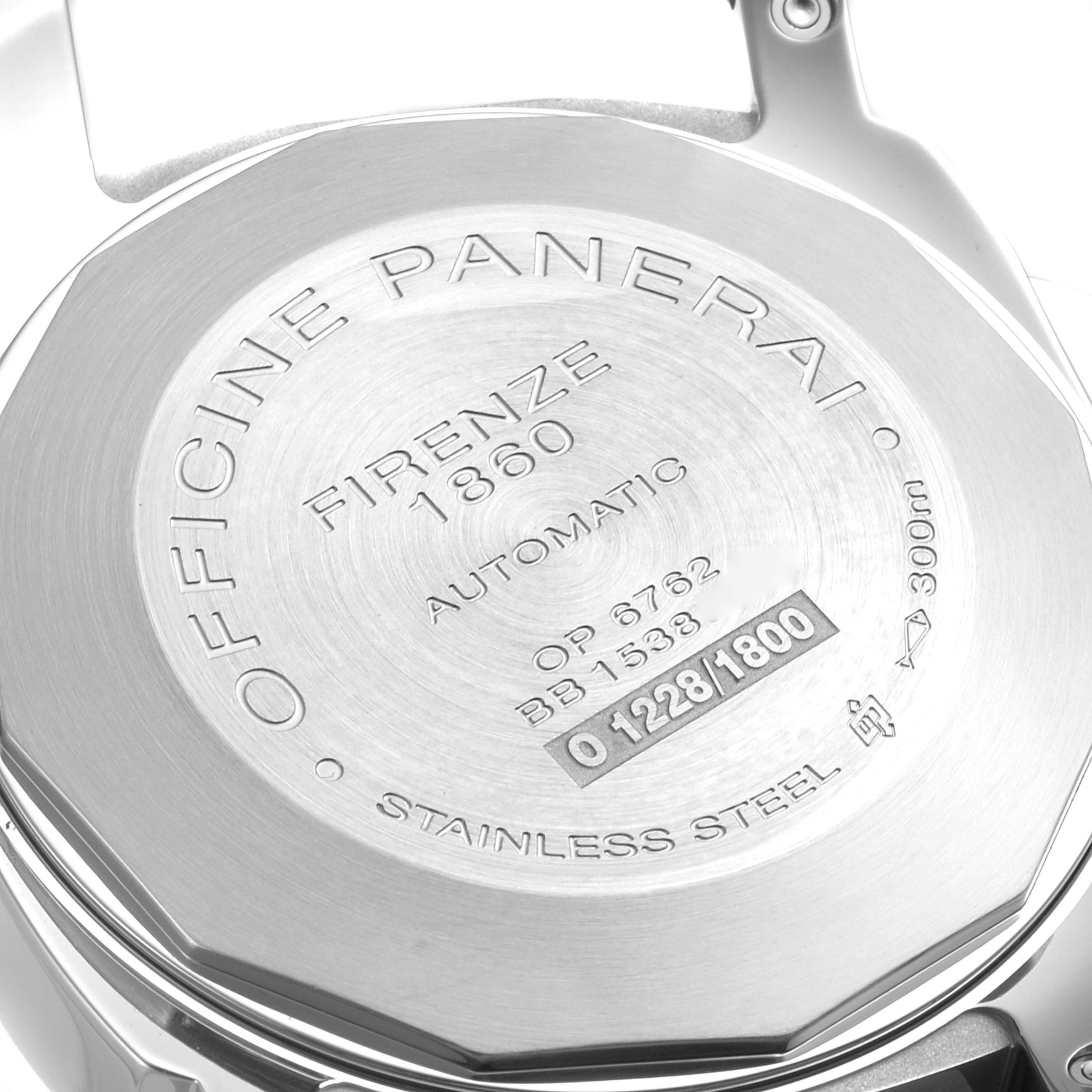 This image shows the back case of a Panerai Luminor PAM00090 Men's Stainless Steel Black Dial PAM00090 Men's Stainless Steel Black Dial watch, highlighting the engravings and stainless steel material.