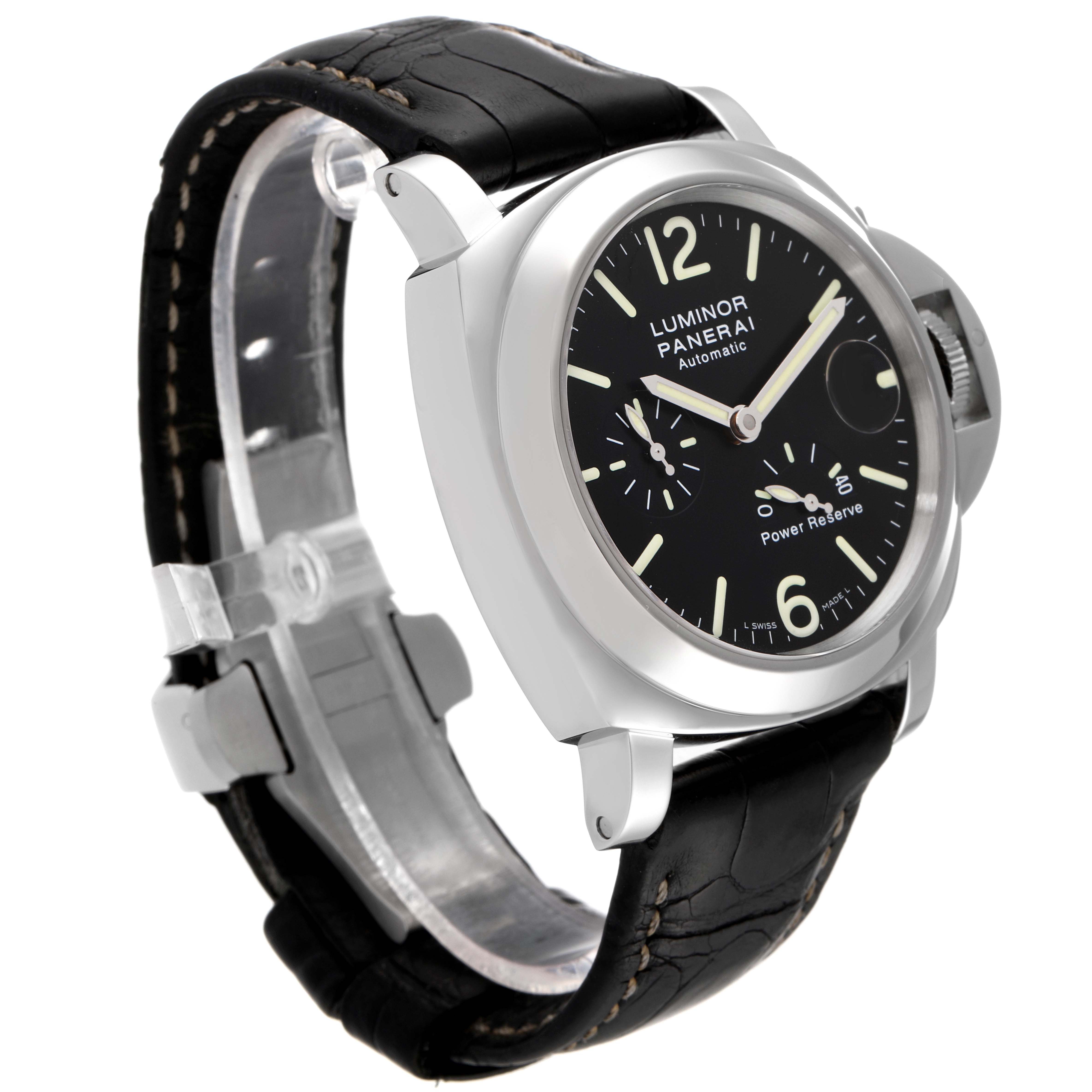 The image shows a side-front angled view of a Panerai Luminor PAM00090 Men's Stainless Steel Black Dial PAM00090 Men's Stainless Steel Black Dial watch, highlighting its black dial, case, and black leather strap.