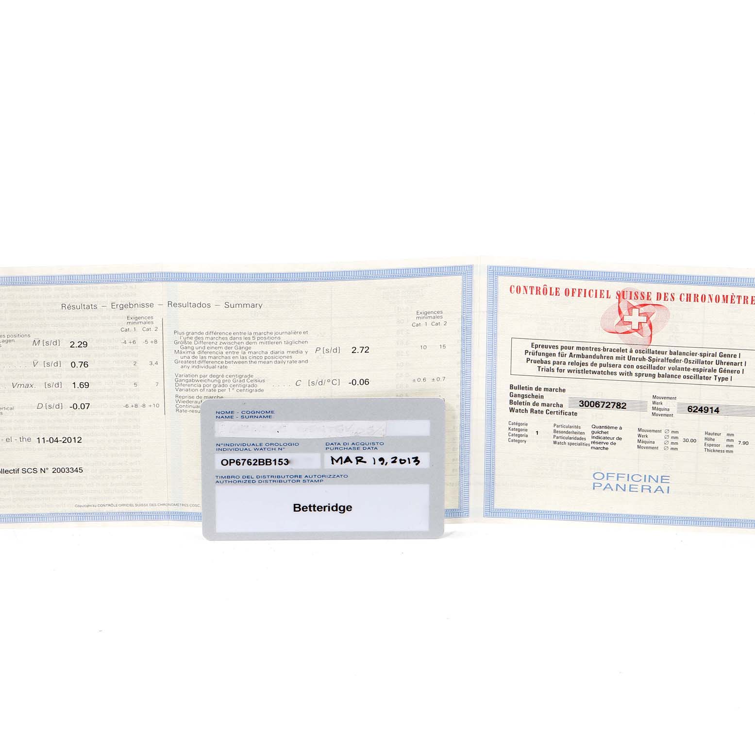 The image shows the warranty card and paperwork for a Panerai Luminor PAM00090 Men's Stainless Steel Black Dial PAM00090 Men's Stainless Steel Black Dial watch, laid out flat on a surface.