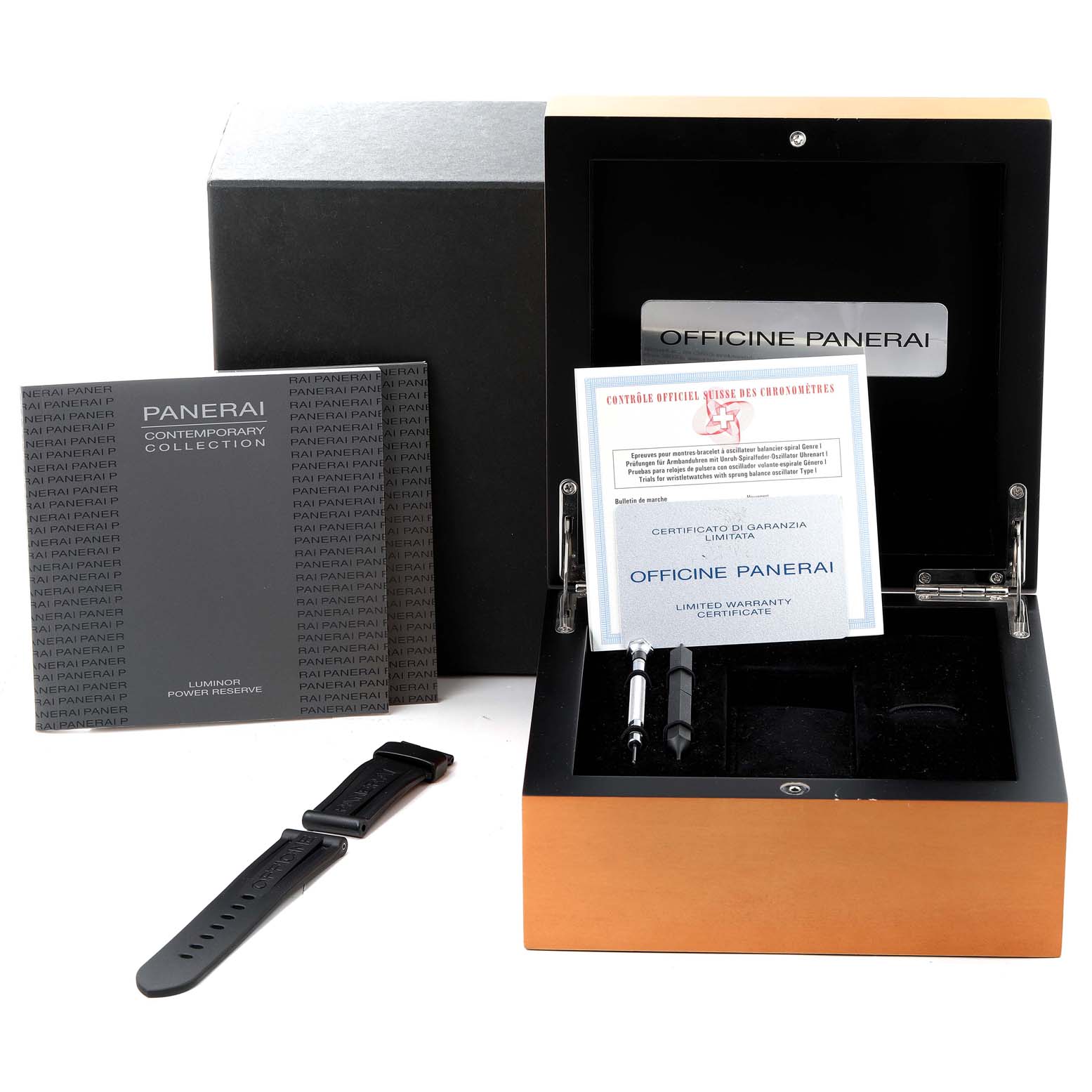 The image shows an open box with a Panerai Luminor PAM00090 Men's Stainless Steel Black Dial PAM00090 Men's Stainless Steel Black Dial model watch, warranty certificate, instruction booklet, and a watch strap.