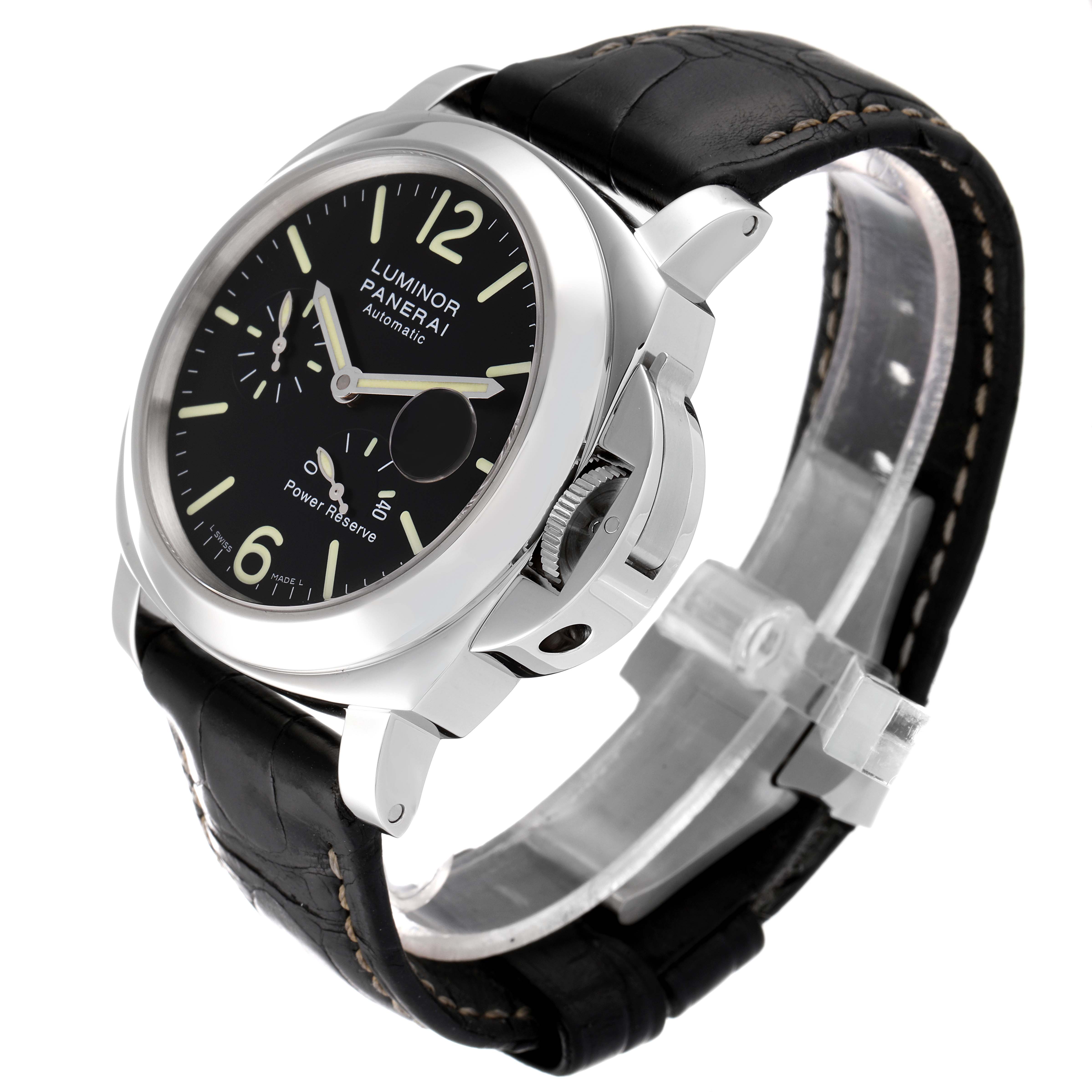 The image shows a side and front angle of a Panerai Luminor PAM00090 Men's Stainless Steel Black Dial PAM00090 Men's Stainless Steel Black Dial watch, displaying the face, crown, and black leather strap.