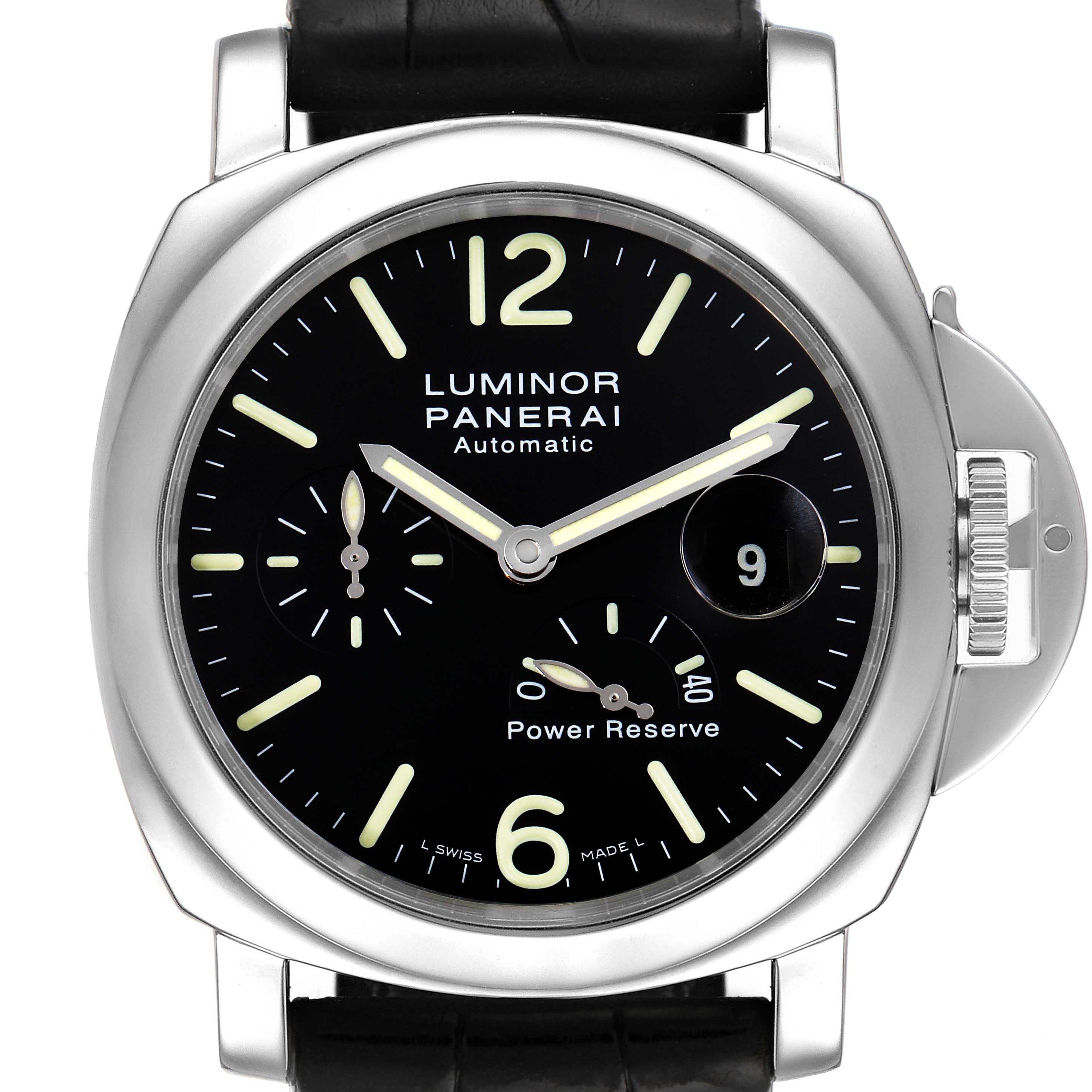 This is a front view of a Panerai Luminor PAM00090 Men's Stainless Steel Black Dial PAM00090 Men's Stainless Steel Black Dial watch, showing the dial, crown guard, and black strap.