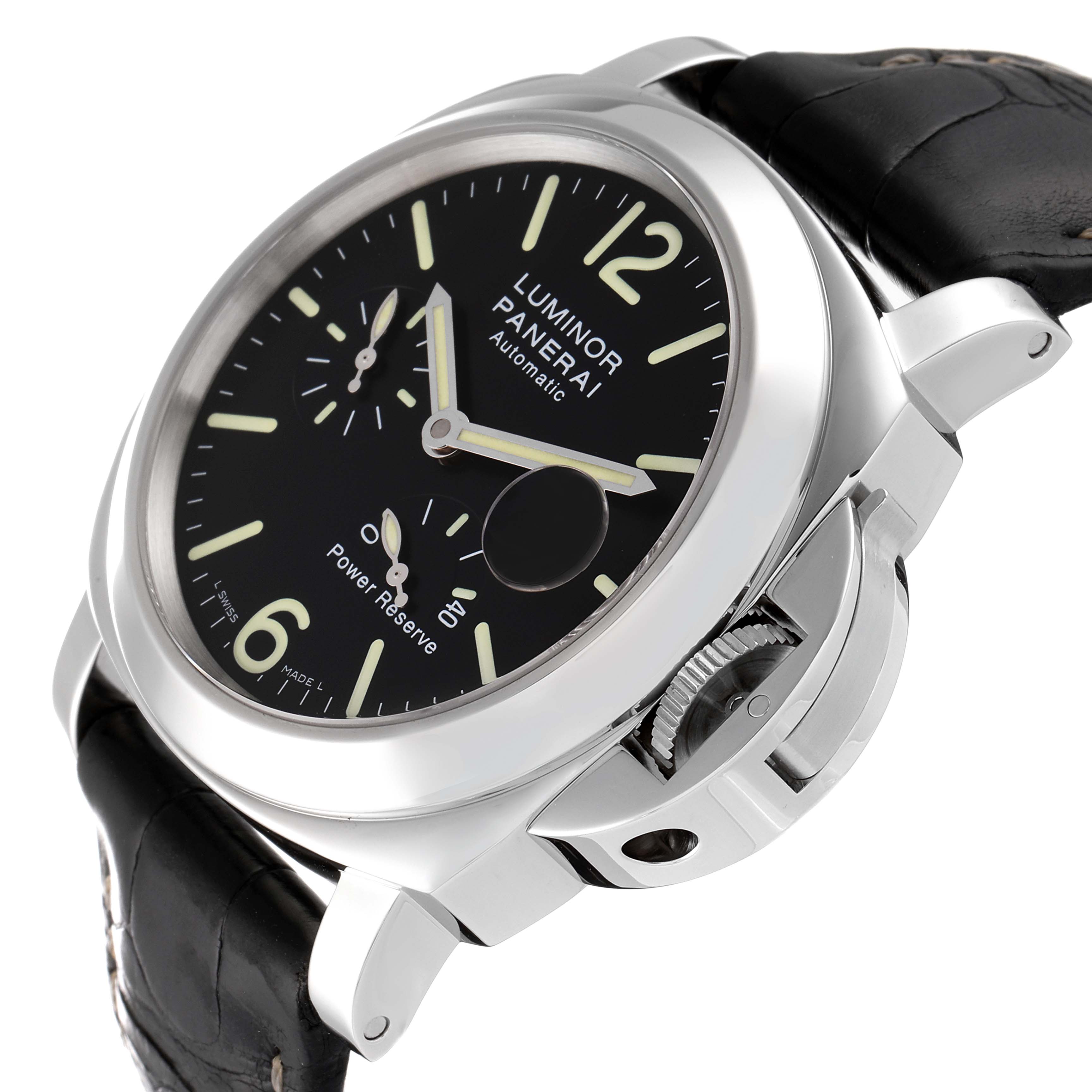 The image shows a Panerai Luminor PAM00090 Men's Stainless Steel Black Dial PAM00090 Men's Stainless Steel Black Dial watch at an angled view, highlighting the dial, crown guard, and leather strap.