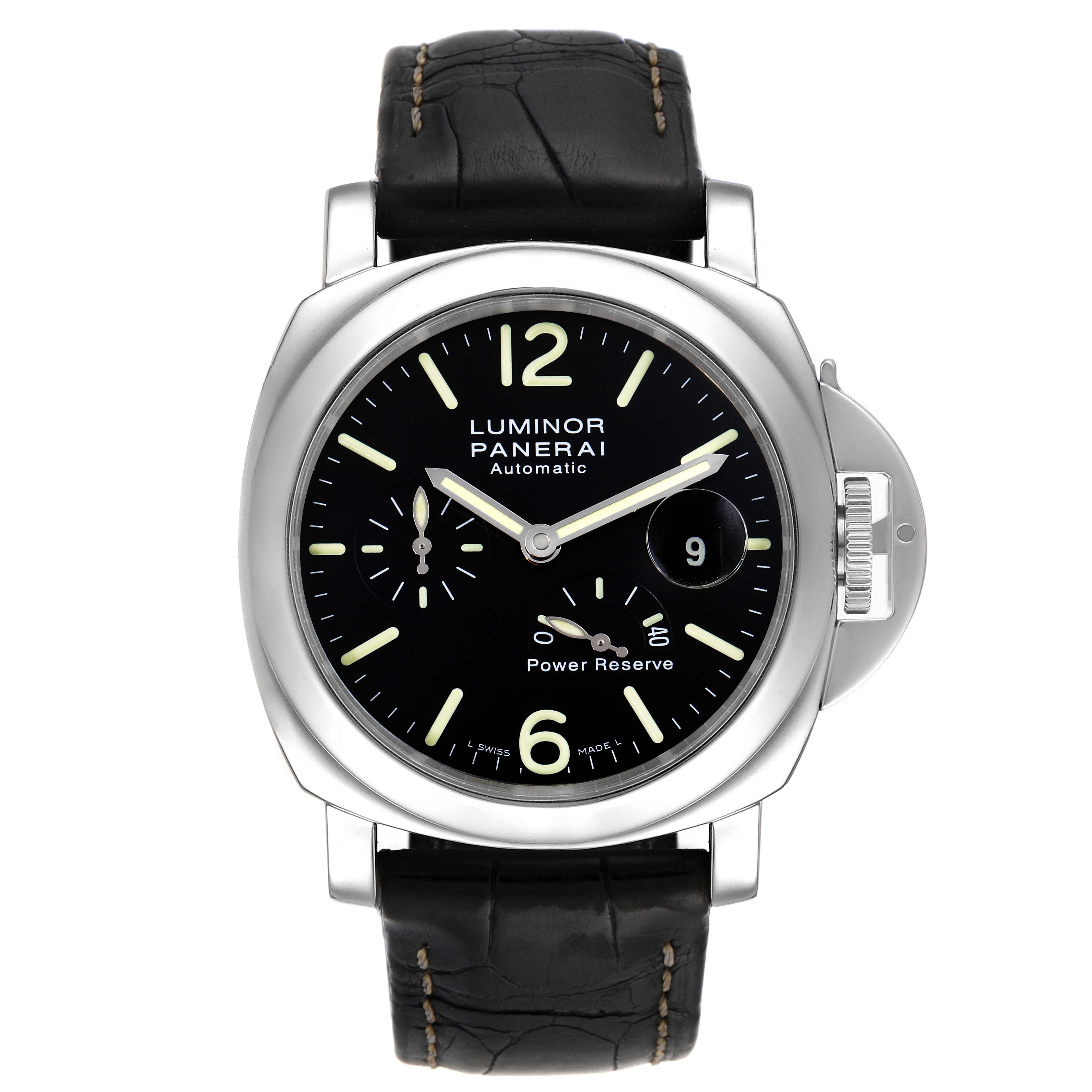 The image shows a front view of a Panerai Luminor PAM00090 Men's Stainless Steel Black Dial PAM00090 Men's Stainless Steel Black Dial watch, displaying its face, dial, crown guard, date window, and strap.