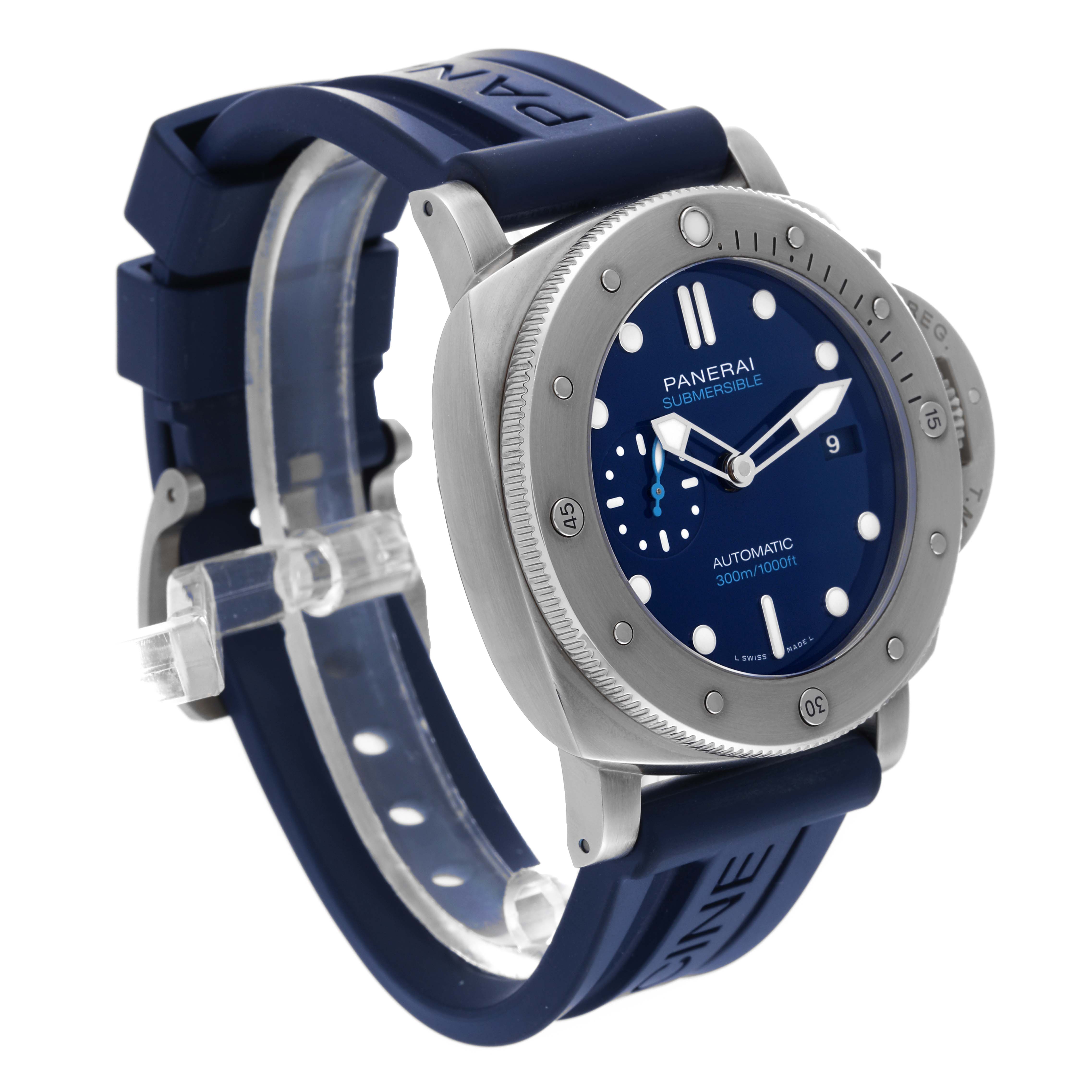 This image shows a Panerai Submersible PAM00692 Men
s Titanium Blue Dial PAM00692 Men
s Titanium Blue Dial watch at an angle highlighting the dial, bezel, and blue strap.