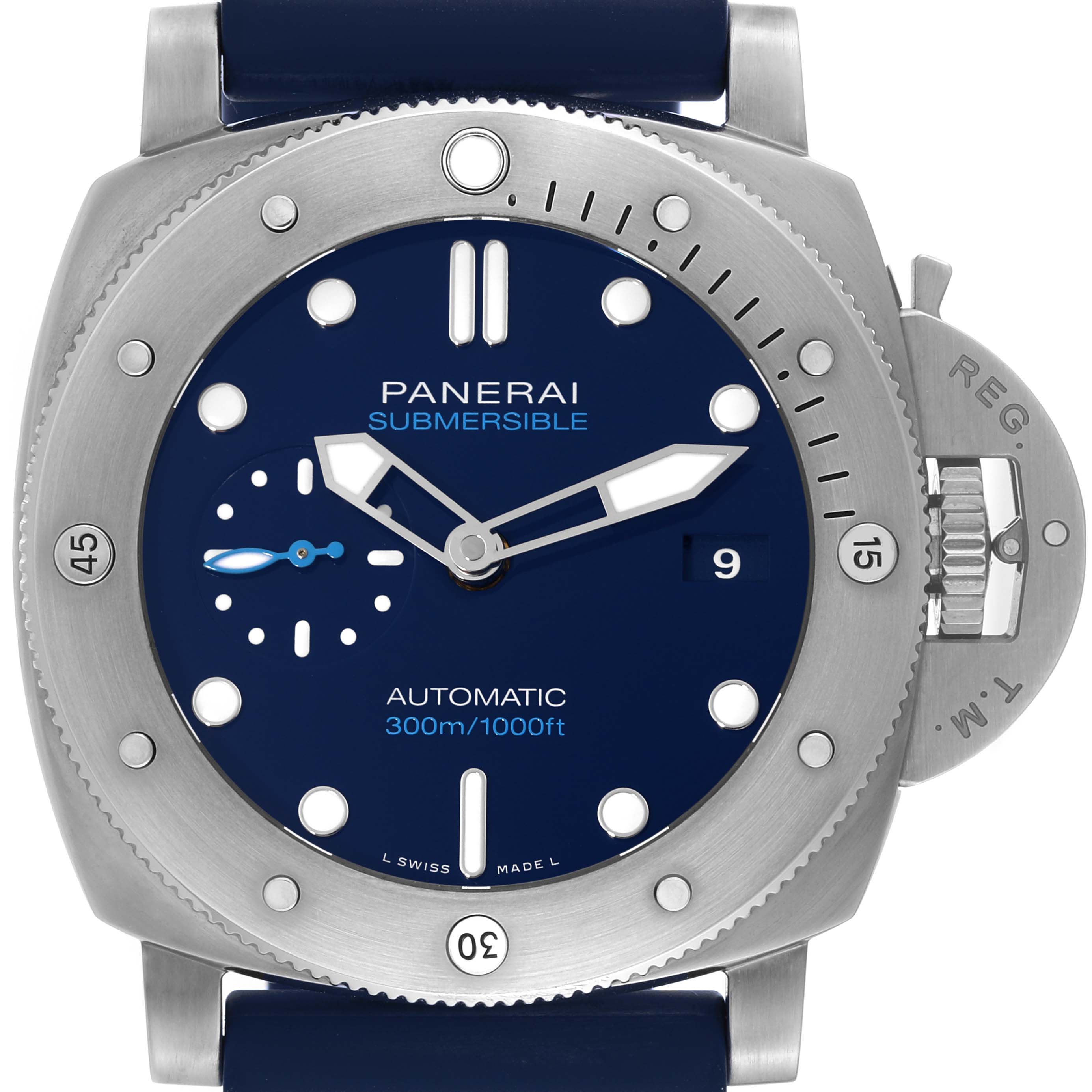 The image shows a front view of the Panerai Submersible PAM00692 Men
s Titanium Blue Dial PAM00692 Men
s Titanium Blue Dial model watch, featuring the dial, bezel, strap, hands, and crown guard.