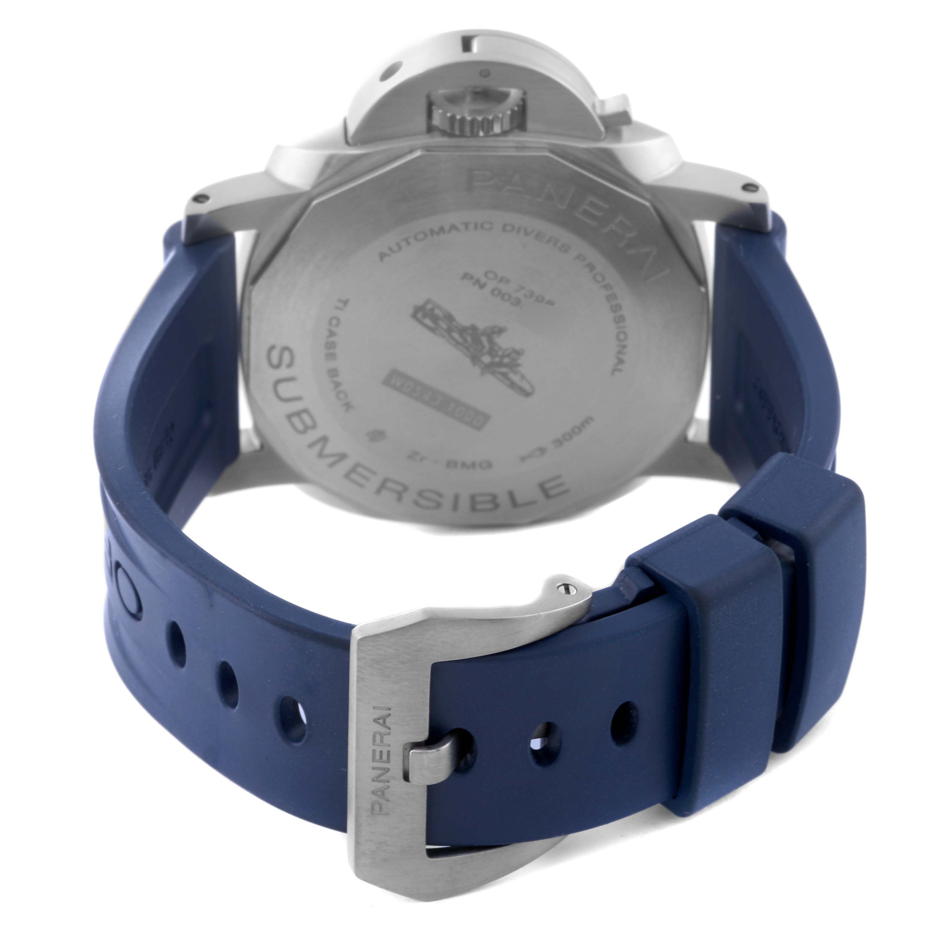 The image shows the back angle of a Panerai Submersible PAM00692 Men
s Titanium Blue Dial PAM00692 Men
s Titanium Blue Dial watch with its case back and blue rubber strap.