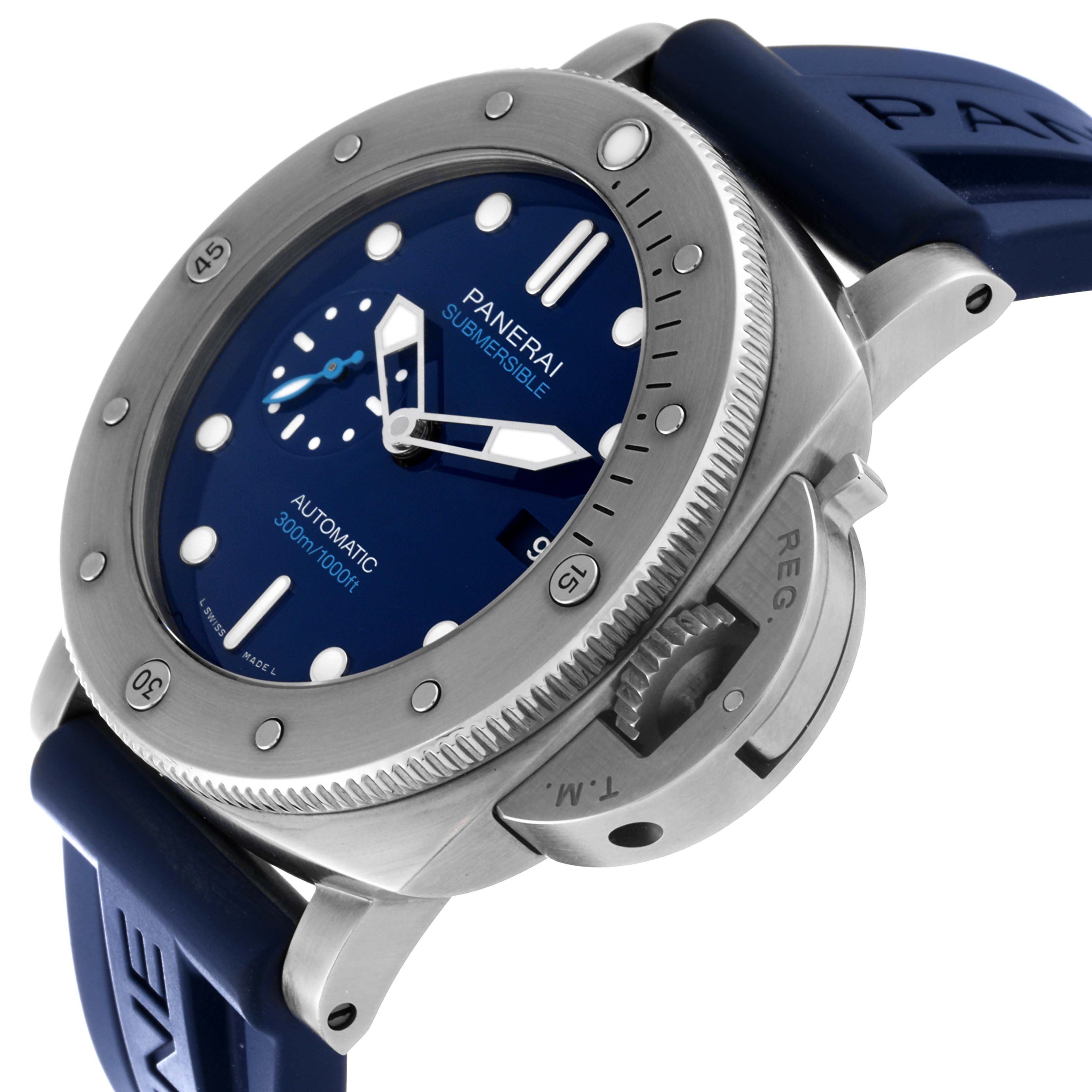 The image shows a close-up of the Panerai Submersible PAM00692 Men
s Titanium Blue Dial PAM00692 Men
s Titanium Blue Dial watch displaying the dial, bezel, crown guard, and part of the strap.