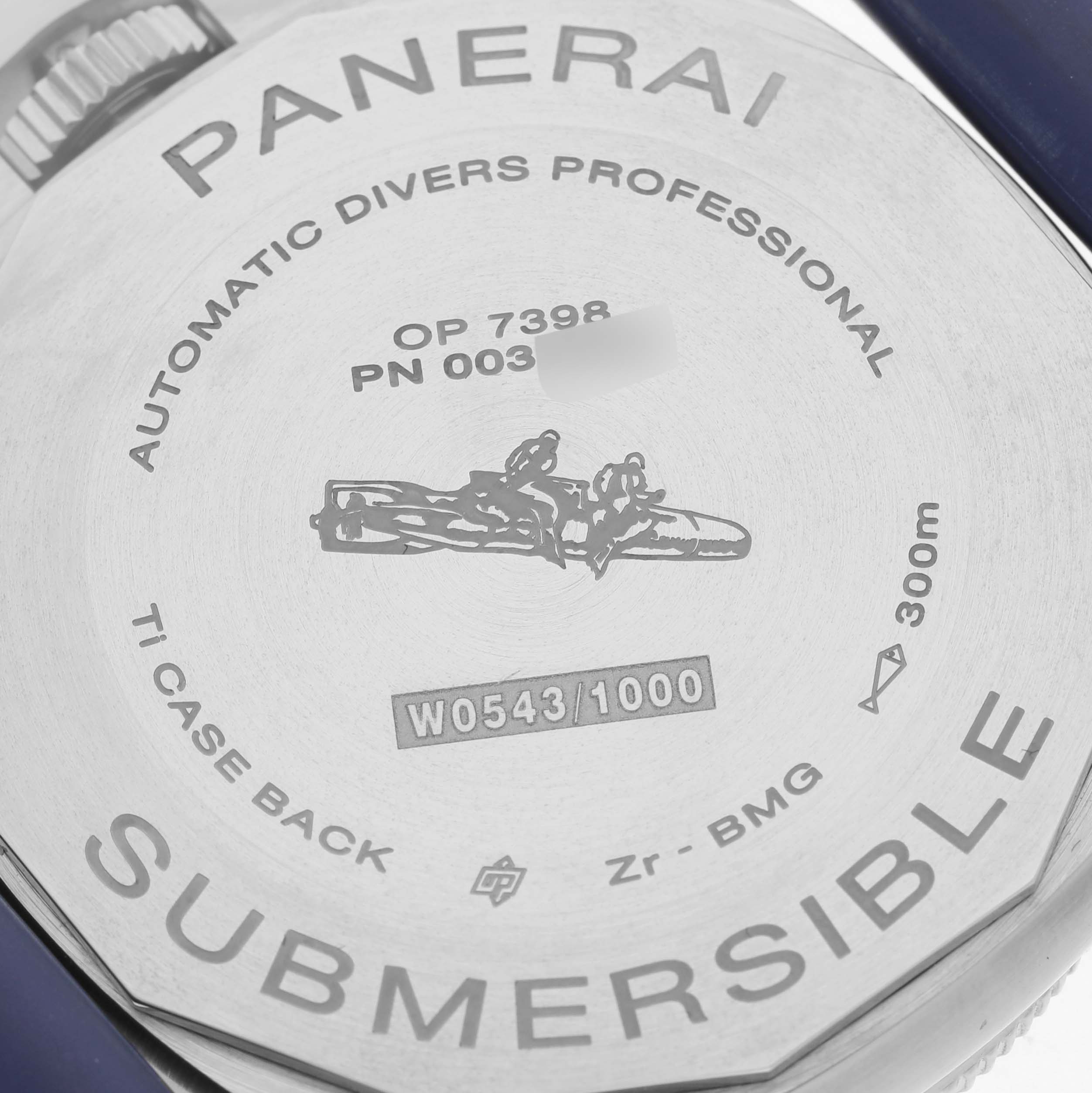 The image shows the back case of a Panerai Submersible PAM00692 Men
s Titanium Blue Dial PAM00692 Men
s Titanium Blue Dial watch from an angled top-down view.