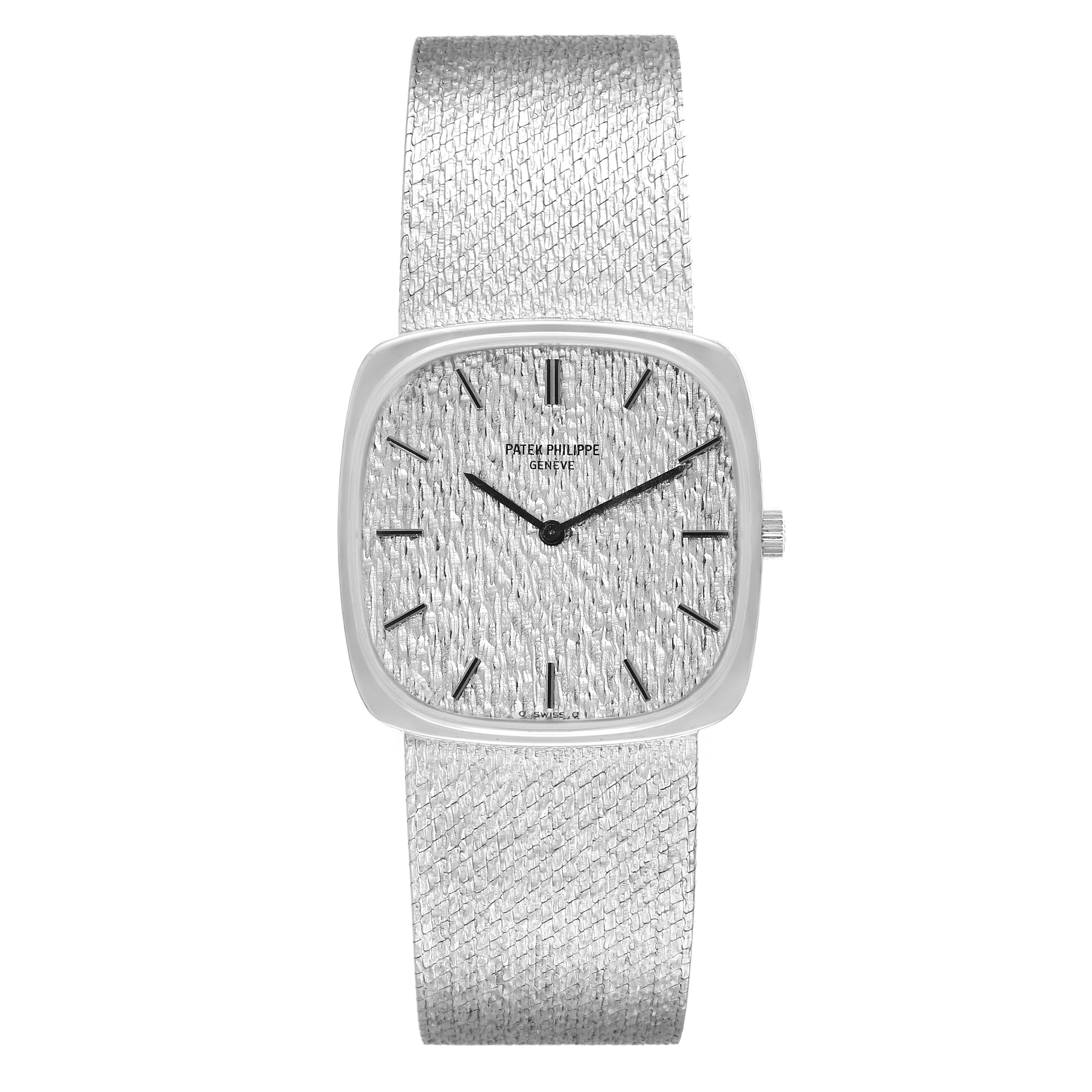 The image shows a front view of a Patek Philippe Vintage 3666 Men's White Gold Silver Dial 3666 Men's White Gold Silver Dial model watch with a textured dial and bracelet.