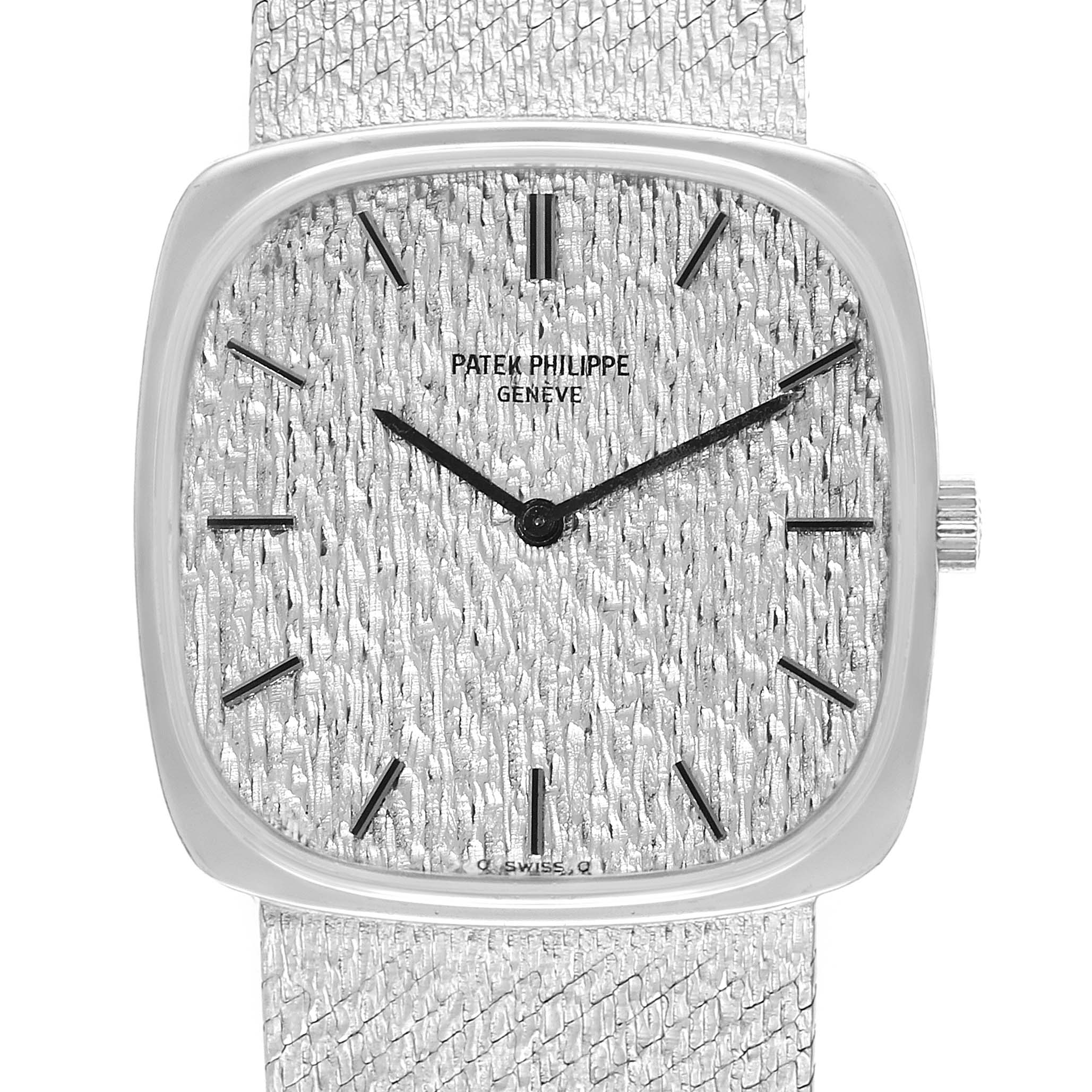 The image shows a front view of the Patek Philippe Vintage 3666 Men's White Gold Silver Dial 3666 Men's White Gold Silver Dial watch, focusing on its intricate dial, hands, and part of its strap.