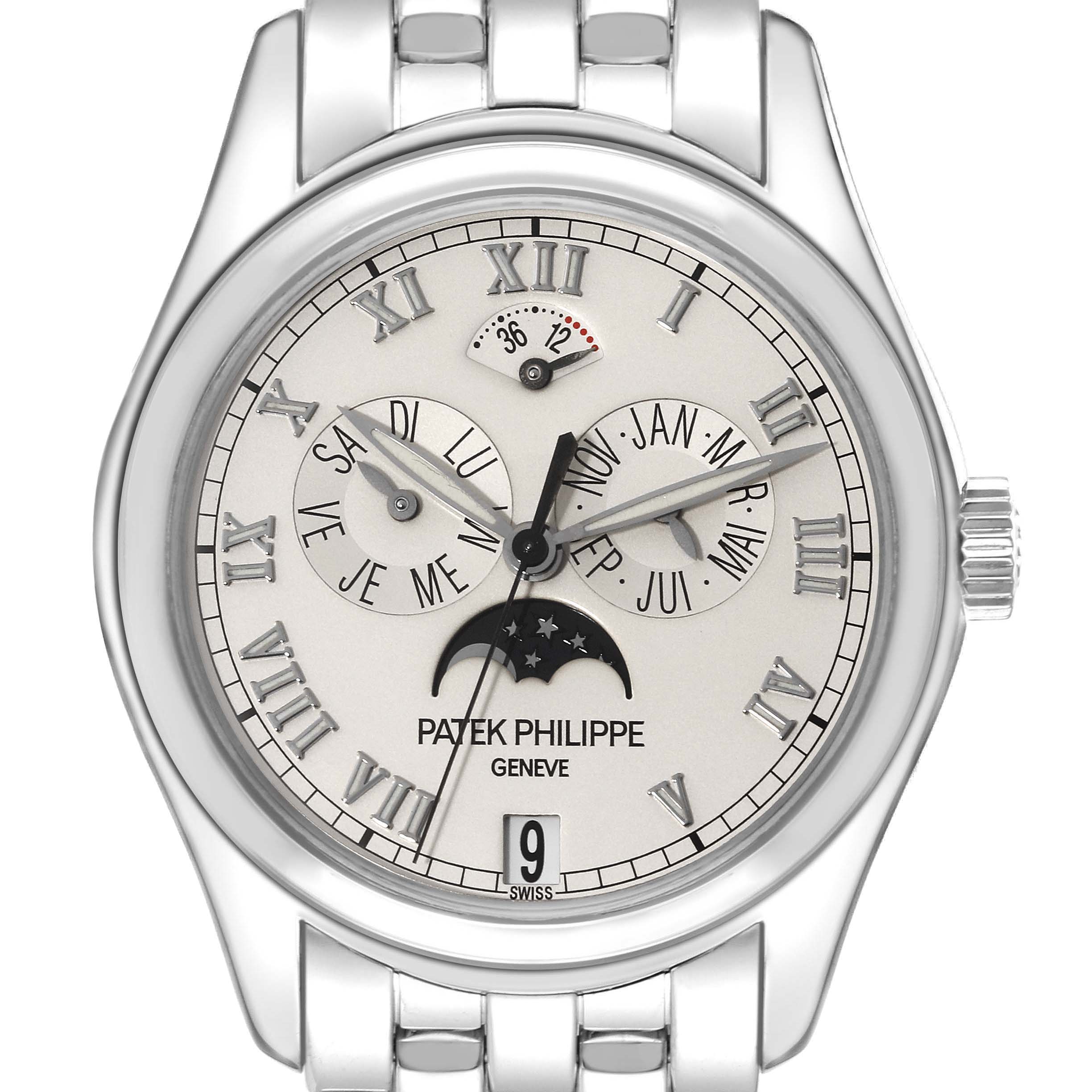 The image shows a frontal view of a Patek Philippe Complications 5036/1 Men
s White Gold Silver Dial 5036/1 Men
s White Gold Silver Dial watch, displaying the dial, subdials, and moon phase.