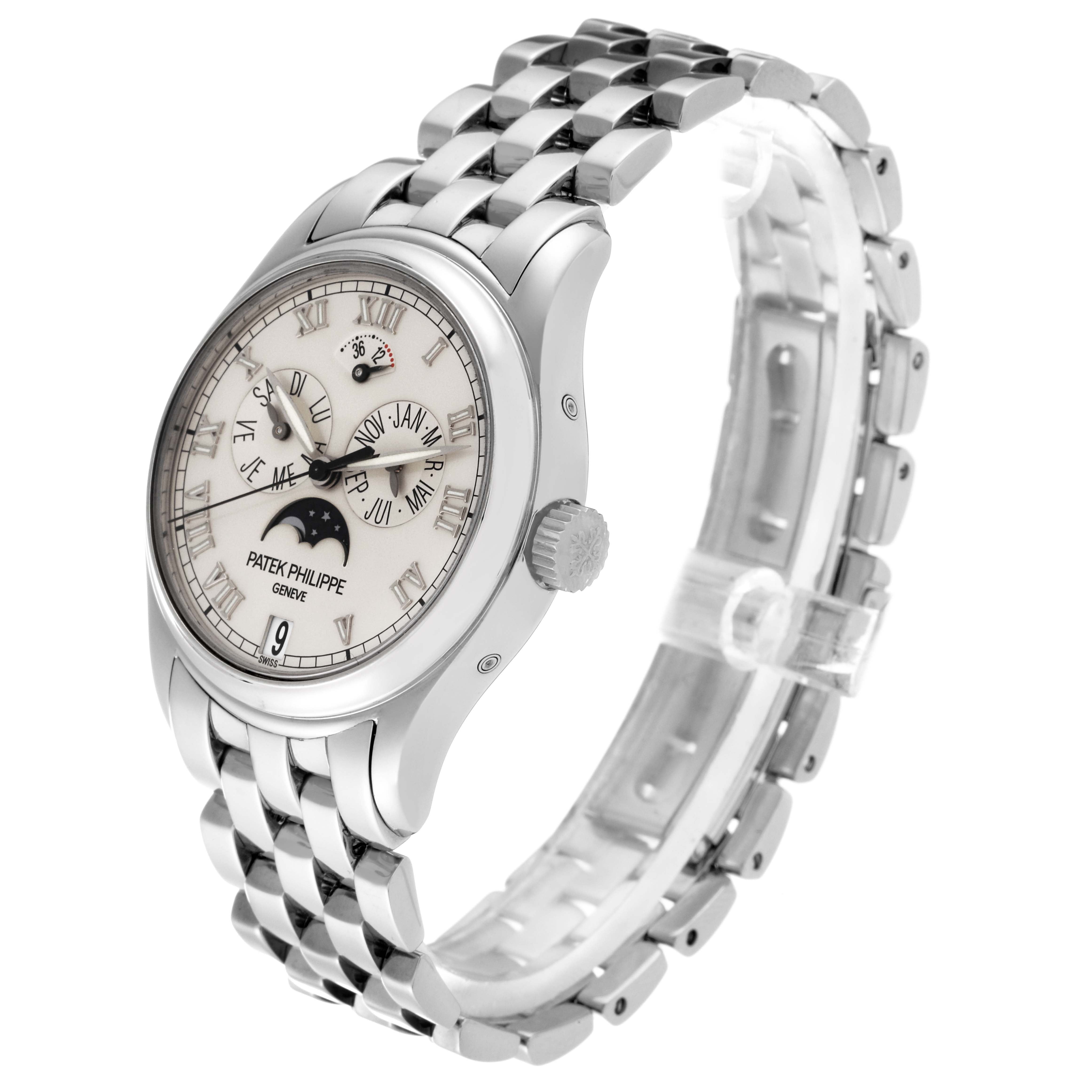 This image shows a side view at an angle of a Patek Philippe Complications 5036/1 Men
s White Gold Silver Dial 5036/1 Men
s White Gold Silver Dial watch, highlighting the face, dial, and bracelet.