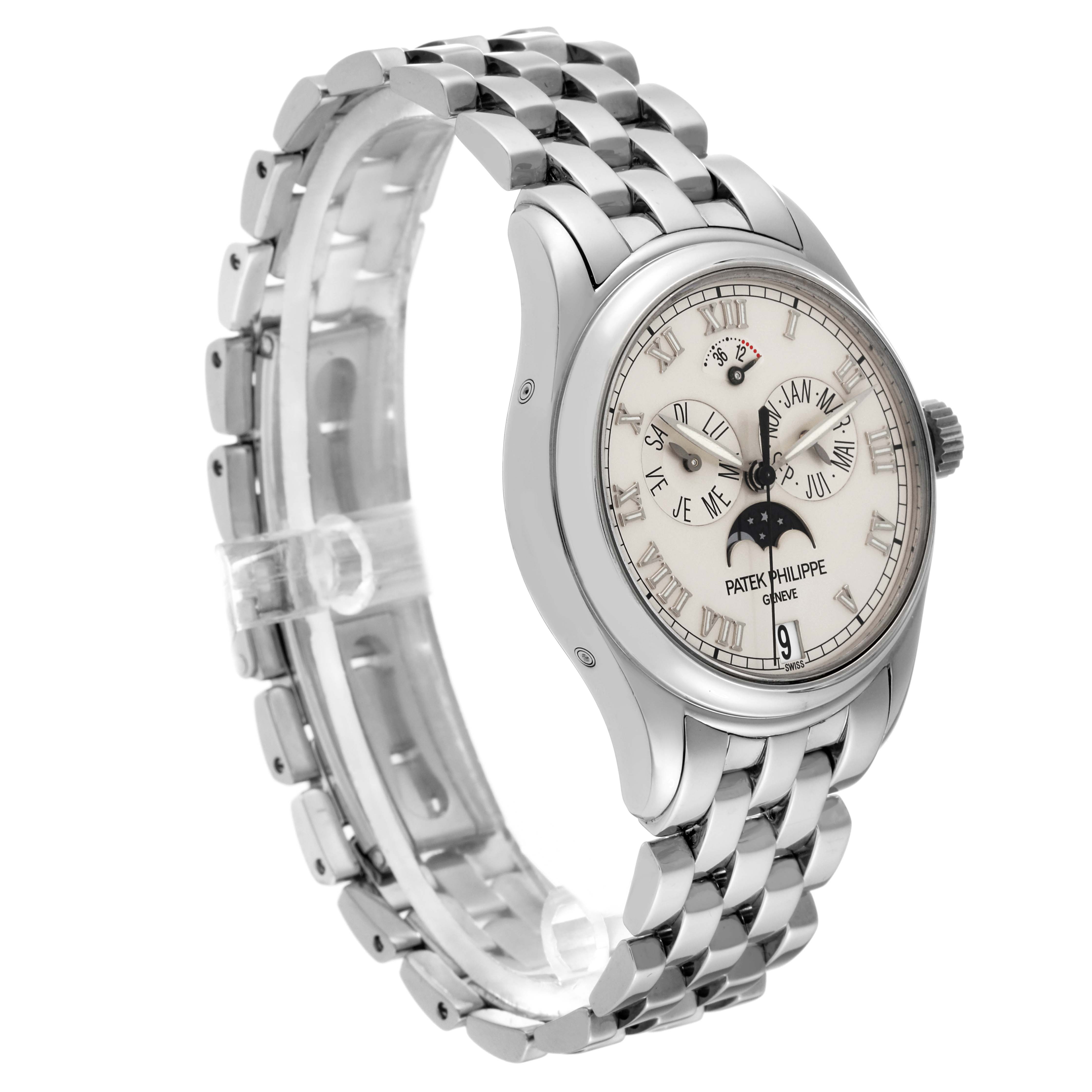 The image shows a Patek Philippe Complications 5036/1 Men
s White Gold Silver Dial 5036/1 Men
s White Gold Silver Dial model watch at a three-quarter angle, highlighting the dial, case, and bracelet.