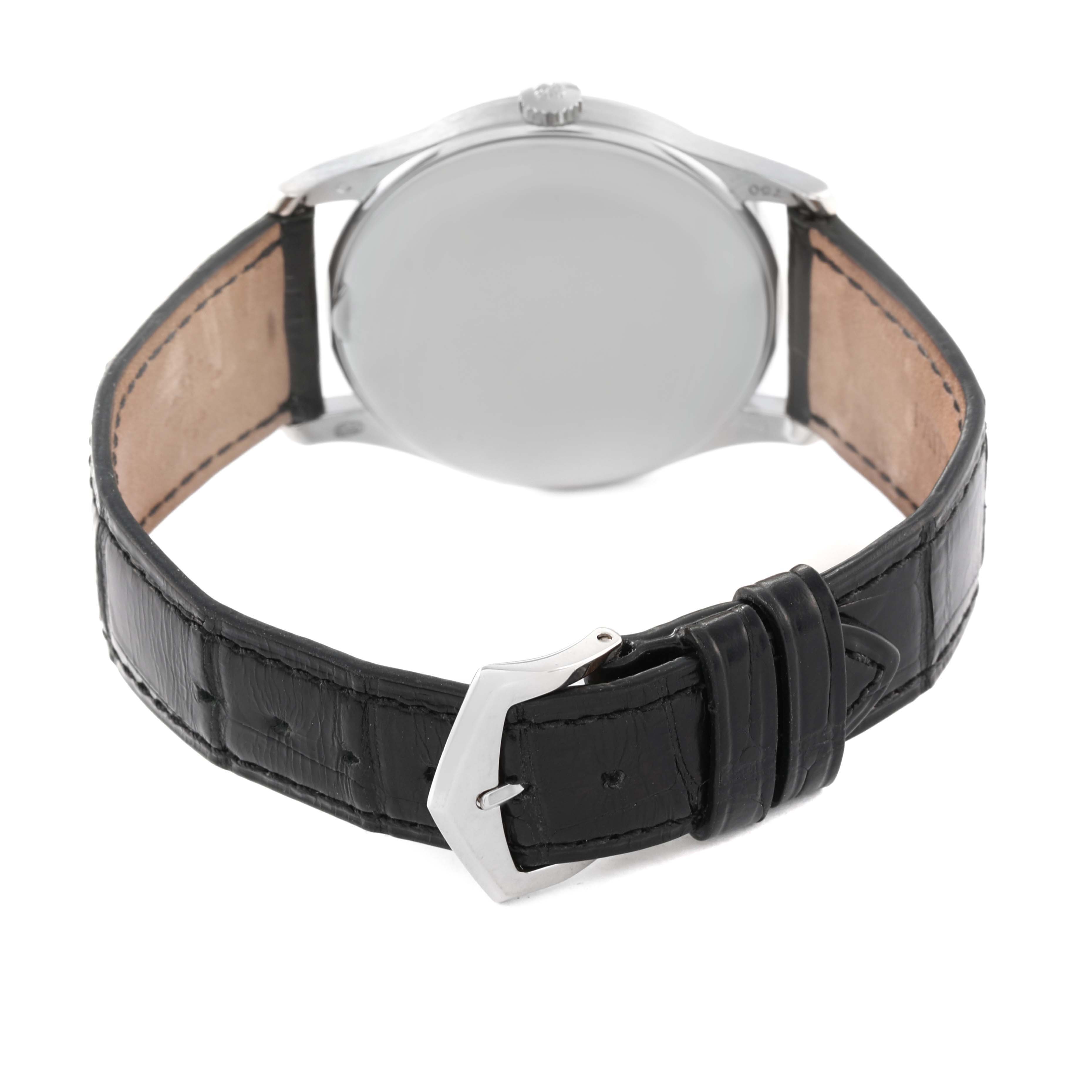 This image shows the rear view of the Patek Philippe Calatrava 5196G Men
s White Gold Silver Dial 5196G Men
s White Gold Silver Dial watch with a visible leather strap and buckle.