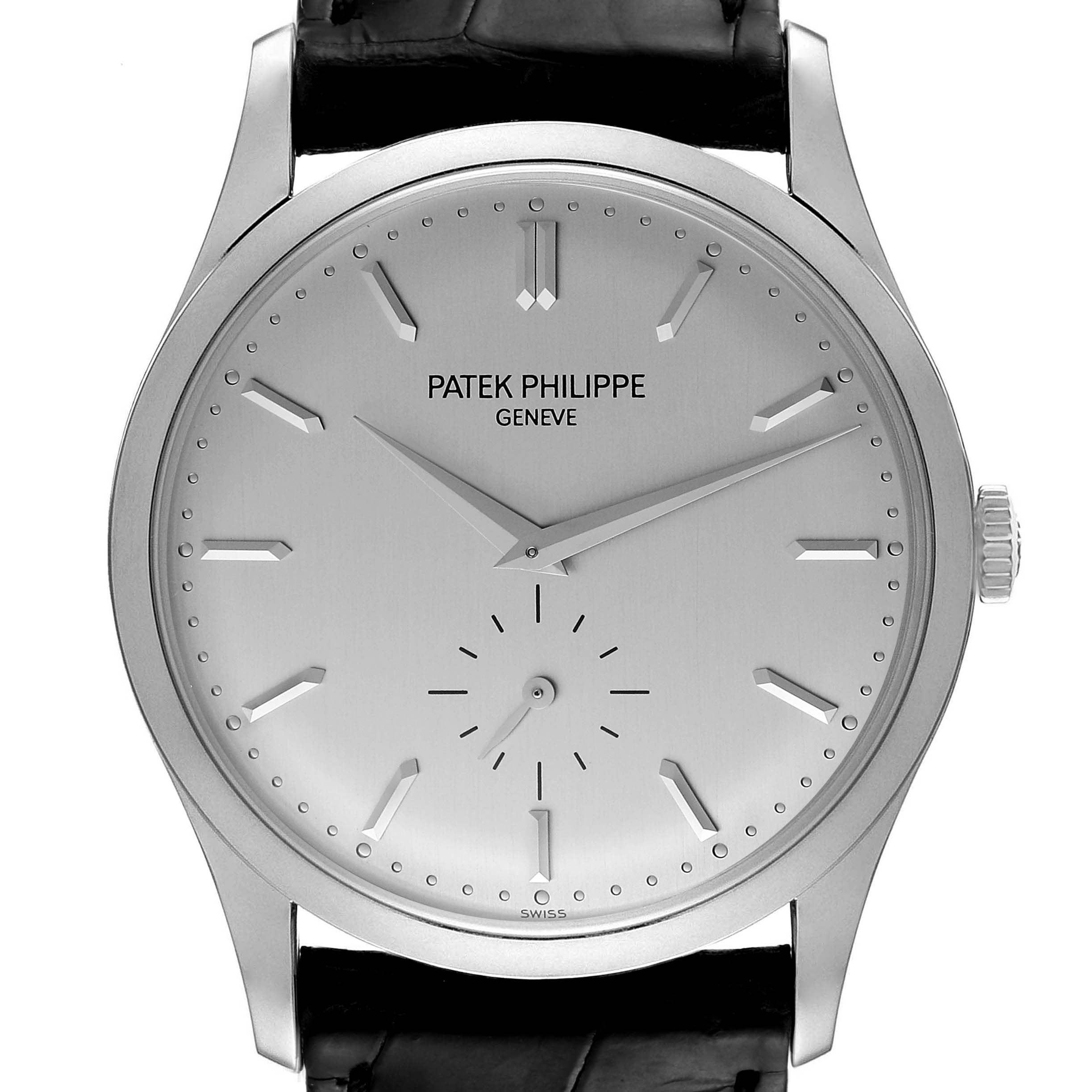 The image shows a front view of the Patek Philippe Calatrava 5196G Men
s White Gold Silver Dial 5196G Men
s White Gold Silver Dial watch with its dial, case, and crown visible.