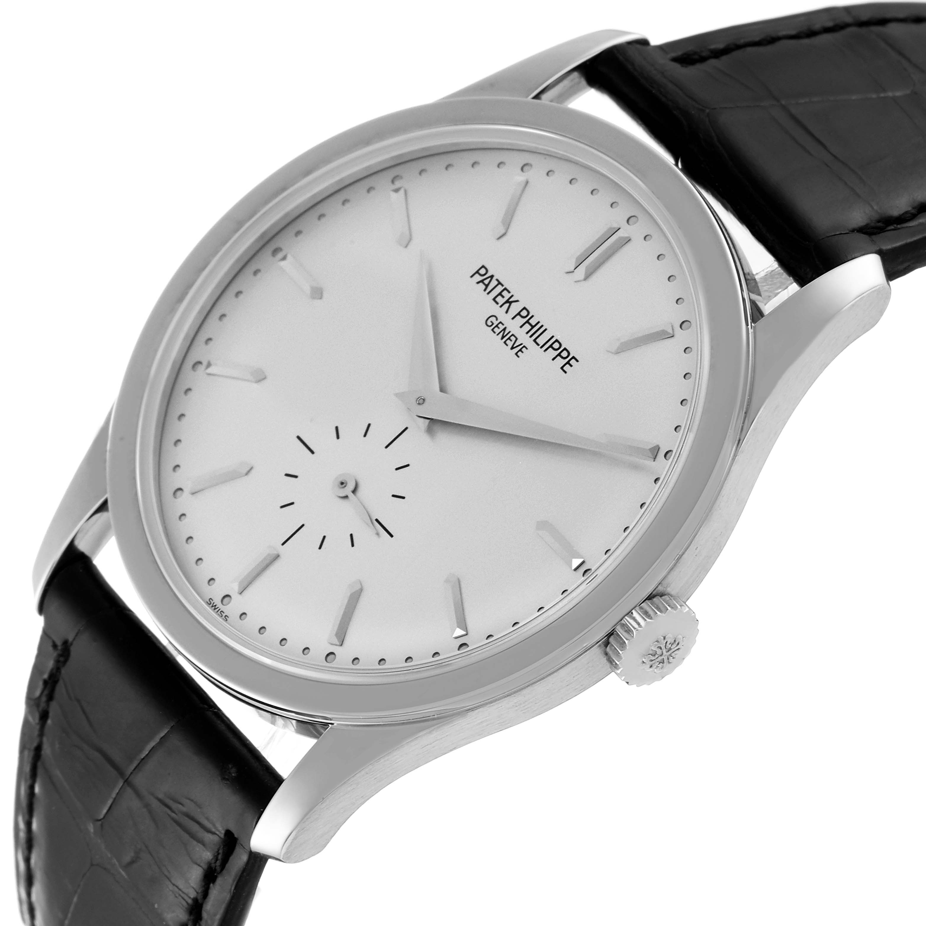 The Patek Philippe Calatrava 5196G Men
s White Gold Silver Dial 5196G Men
s White Gold Silver Dial watch is shown at an angle, displaying the face, crown, and part of the black leather strap.