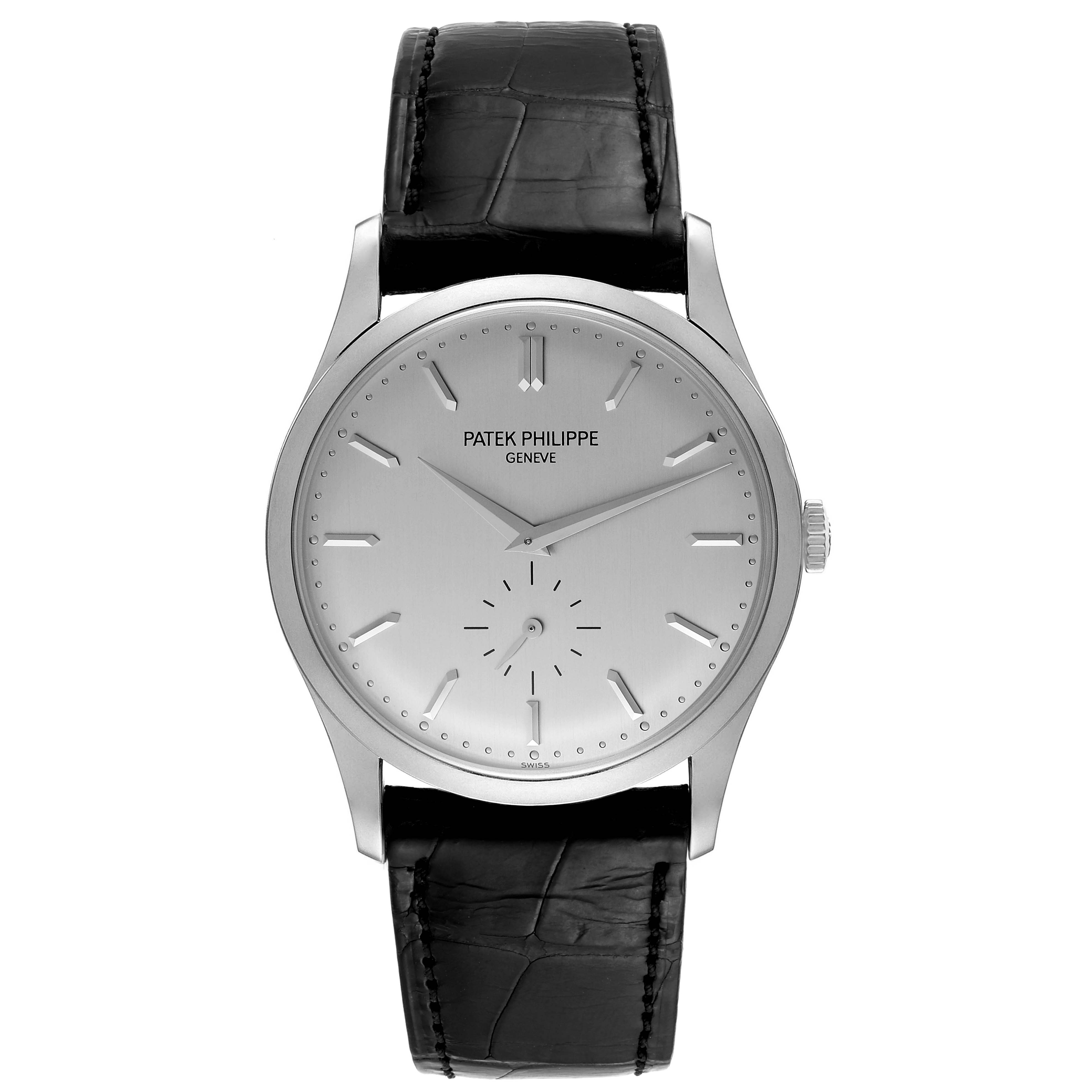 This image shows a front view of a Patek Philippe Calatrava 5196G Men
s White Gold Silver Dial 5196G Men
s White Gold Silver Dial watch with a leather strap and a silver dial.