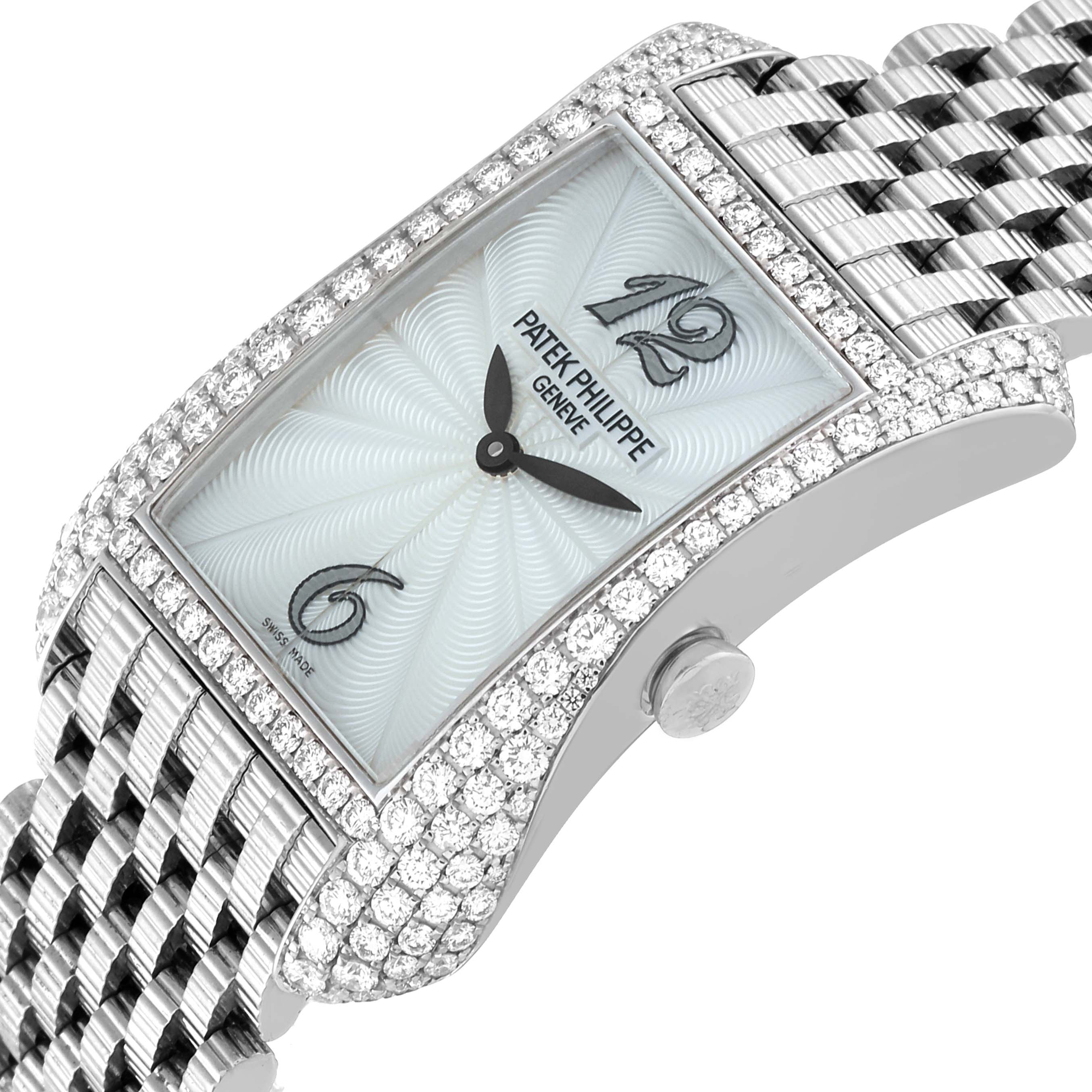 The image shows a close-up side angle of a Patek Philippe Gondolo 4972/1G-001 Women's White Gold Mother of Pearl Dial 4972/1G-001 Women's White Gold Mother of Pearl Dial watch, revealing the face, bezel, crown, and part of the strap.