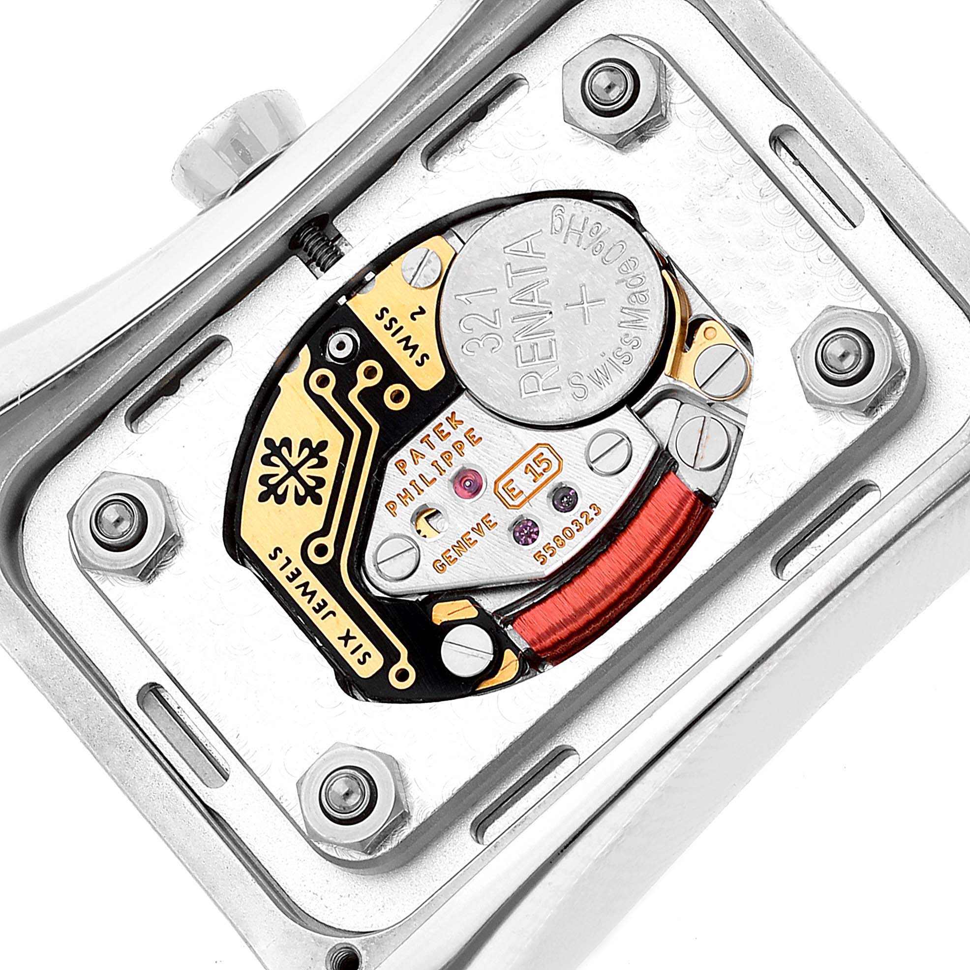 This image shows the back and internal mechanics of a Patek Philippe Gondolo 4972/1G-001 Women's White Gold Mother of Pearl Dial 4972/1G-001 Women's White Gold Mother of Pearl Dial watch in close-up detail.