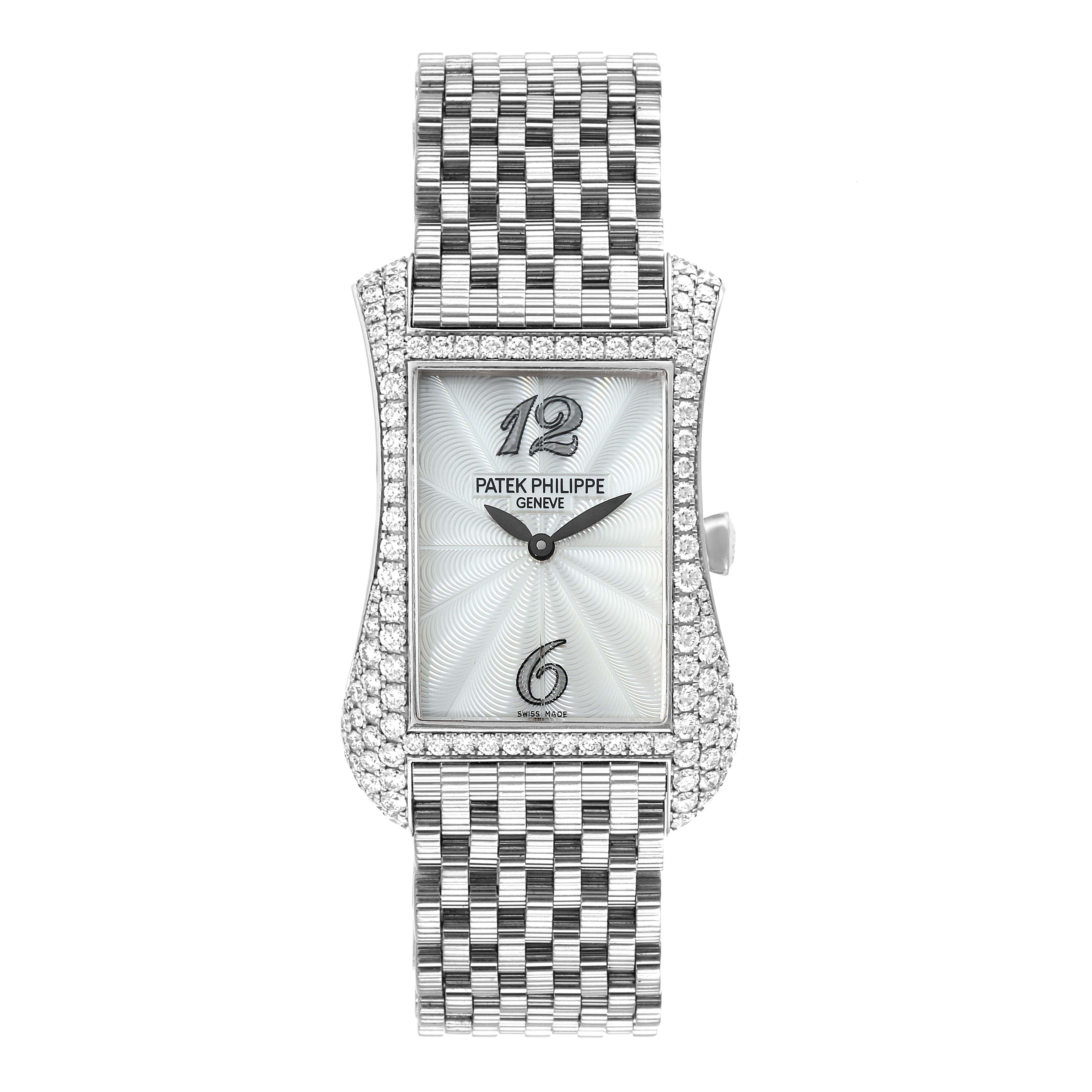The watch is shown from a top view, featuring the face, bezel, and strap of the Patek Philippe Gondolo 4972/1G-001 Women's White Gold Mother of Pearl Dial 4972/1G-001 Women's White Gold Mother of Pearl Dial model.