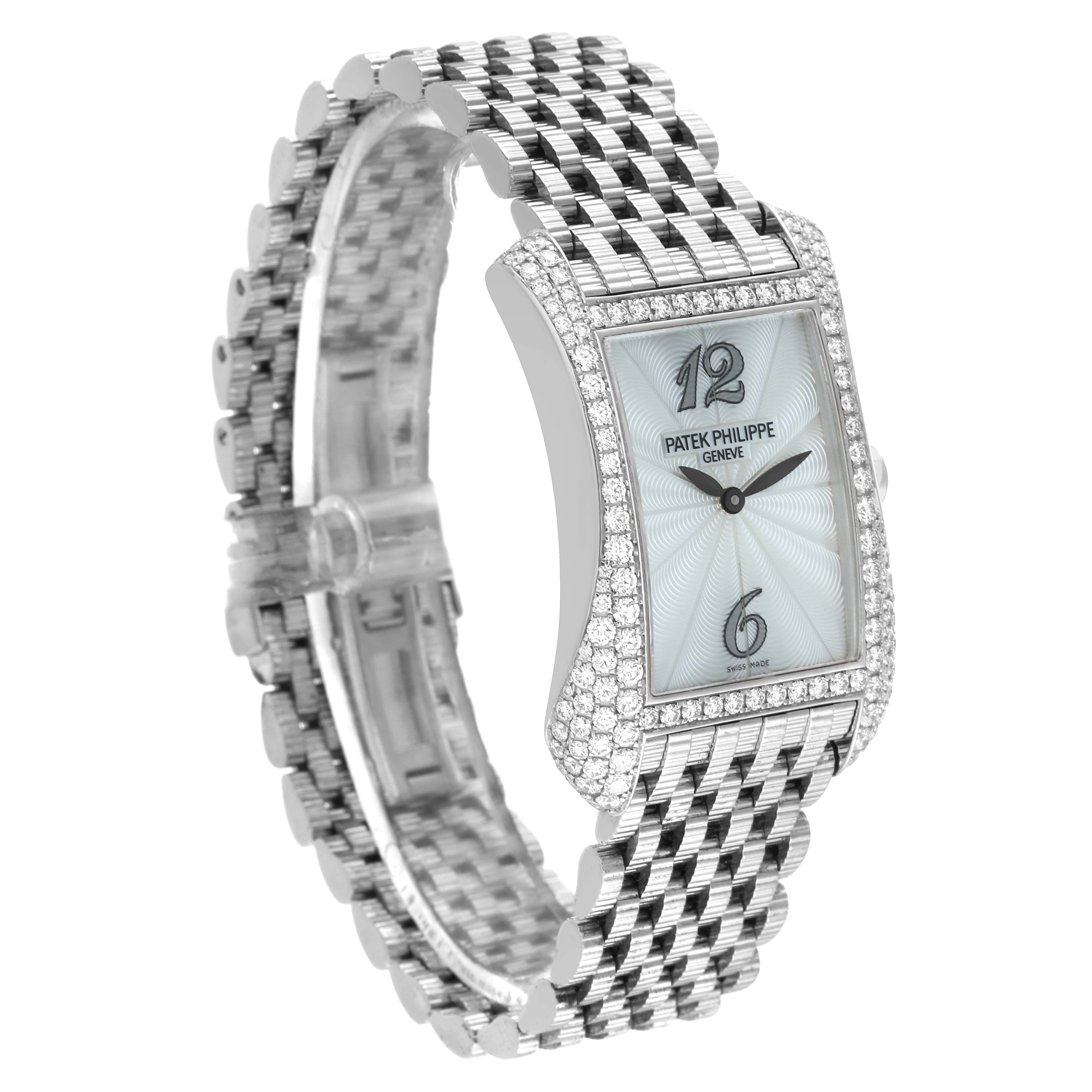 The Patek Philippe Gondolo 4972/1G-001 Women's White Gold Mother of Pearl Dial 4972/1G-001 Women's White Gold Mother of Pearl Dial watch is shown at a three-quarter angle, highlighting its face, bezel, and bracelet.