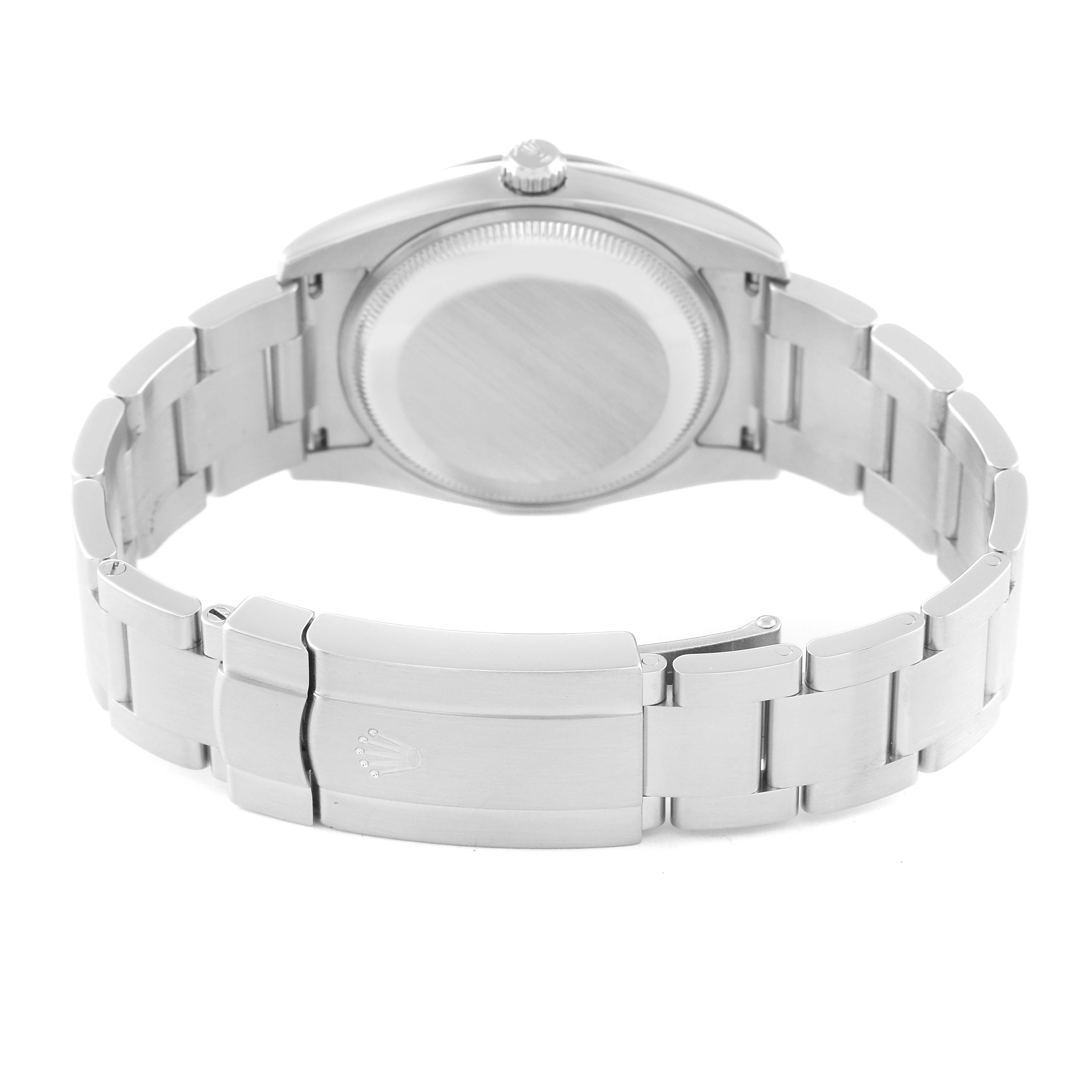 The image shows the back and clasp of a Rolex Air-King 114200 Men's Stainless Steel Silver Dial 114200 Men's Stainless Steel Silver Dial watch, focusing on the case back and stainless steel bracelet.