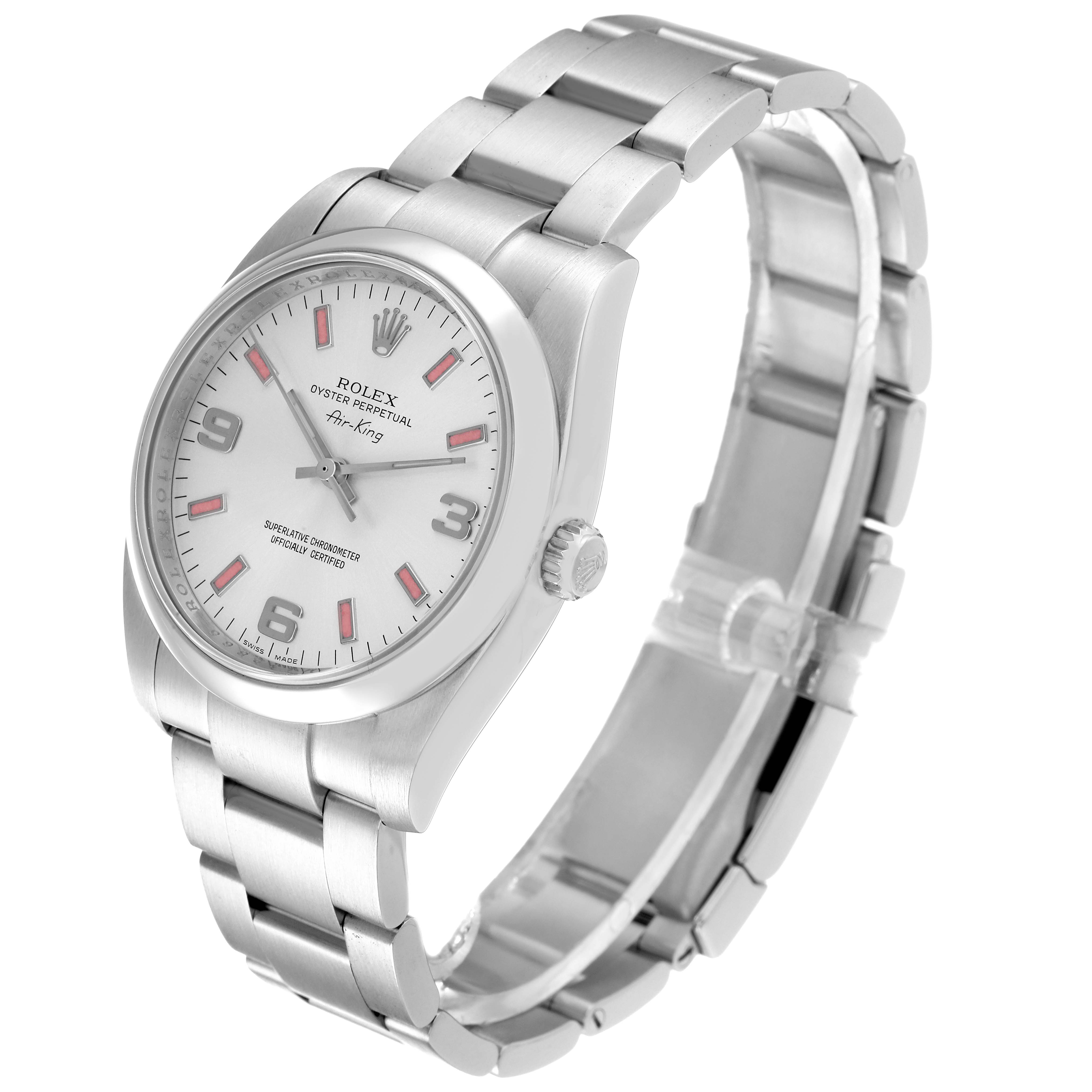 The Rolex Air-King 114200 Men's Stainless Steel Silver Dial 114200 Men's Stainless Steel Silver Dial watch is shown at an oblique angle highlighting its face, crown, and metal strap.