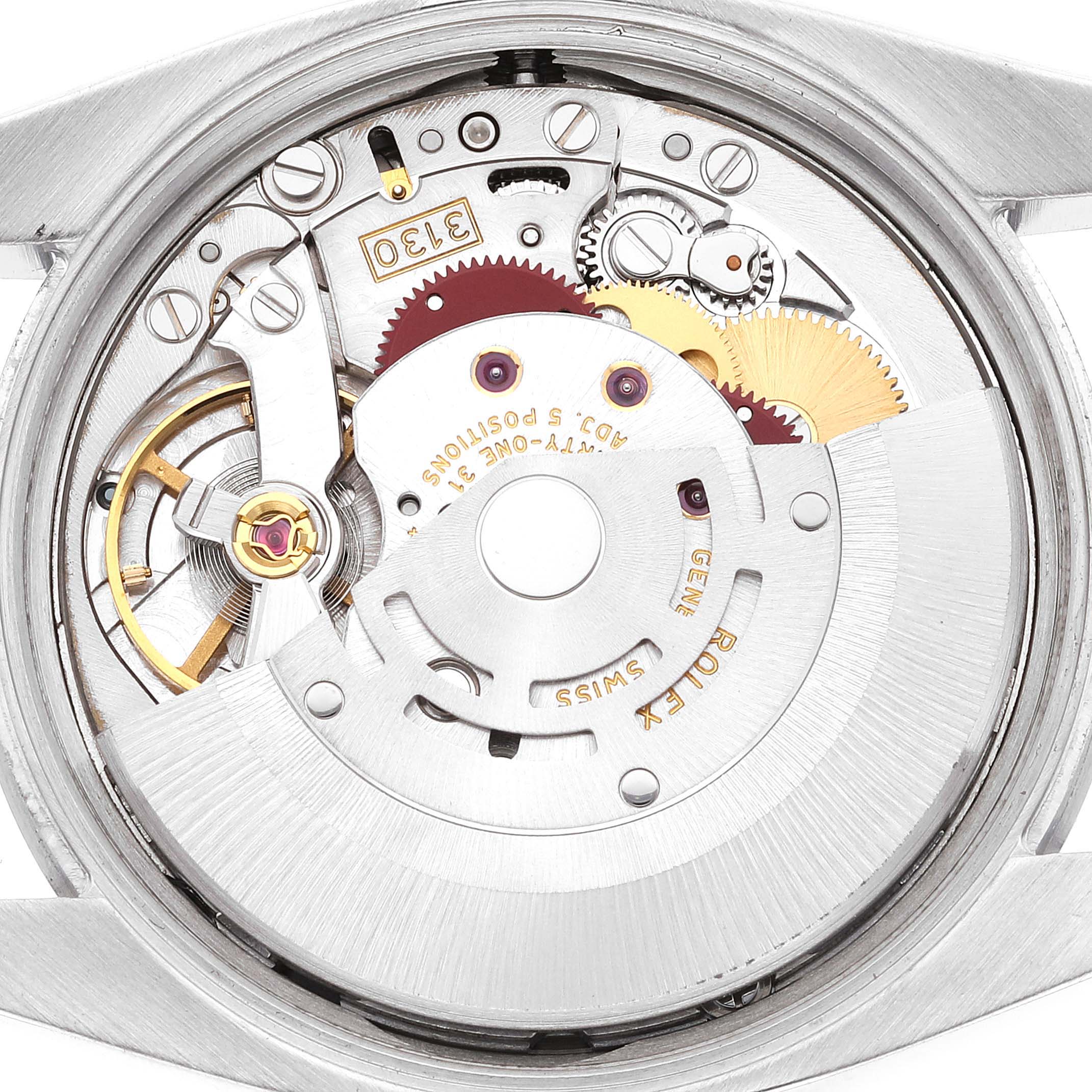 The image shows the movement mechanism of a Rolex Air-King 114200 Men's Stainless Steel Silver Dial 114200 Men's Stainless Steel Silver Dial watch from a top-down angle with intricate gears and components visible.