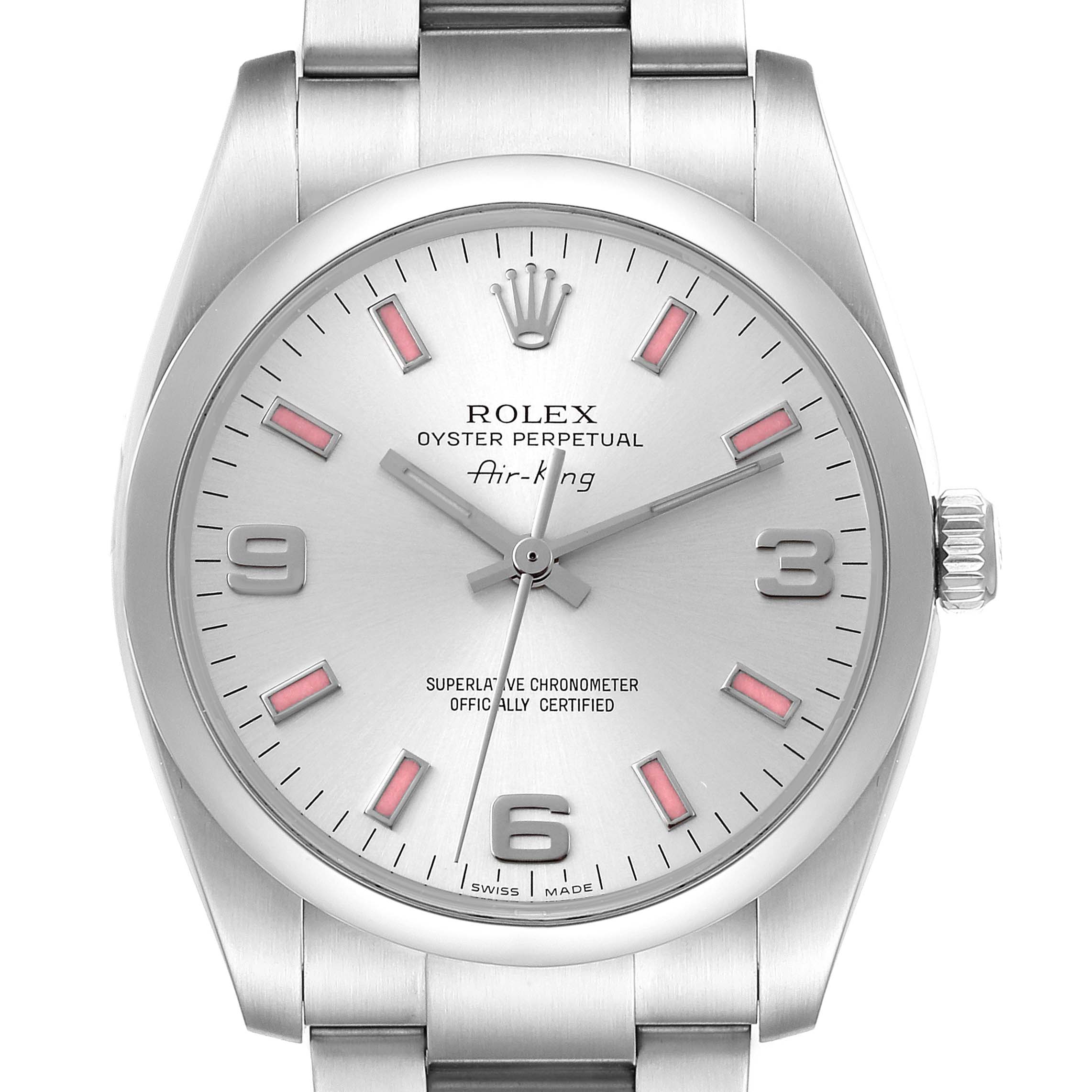 The image shows a front view of the Rolex Air-King 114200 Men's Stainless Steel Silver Dial 114200 Men's Stainless Steel Silver Dial watch, highlighting the dial, hands, crown, and part of the bracelet.